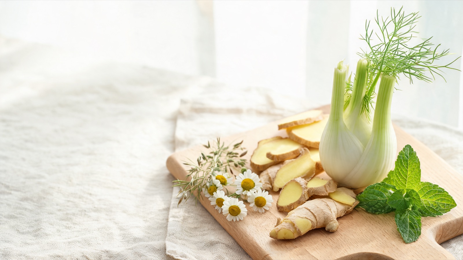 Ingredienti freschi di stagione disposti su un tagliere di legno, luce naturale da finestra