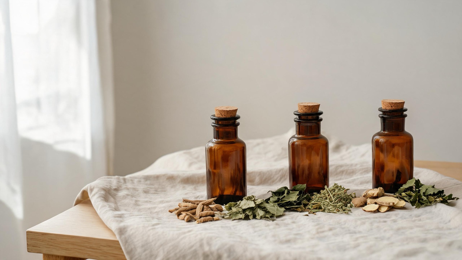 Erbe officinali, botaniche essiccate e boccette ambrate da farmacia su un piano chiaro