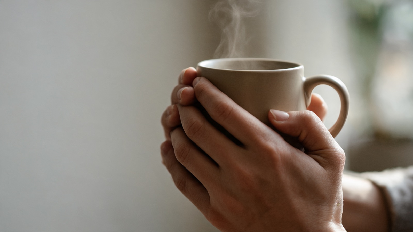 Due mani che stringono una tazza di ceramica calda, luce diffusa, nessun volto