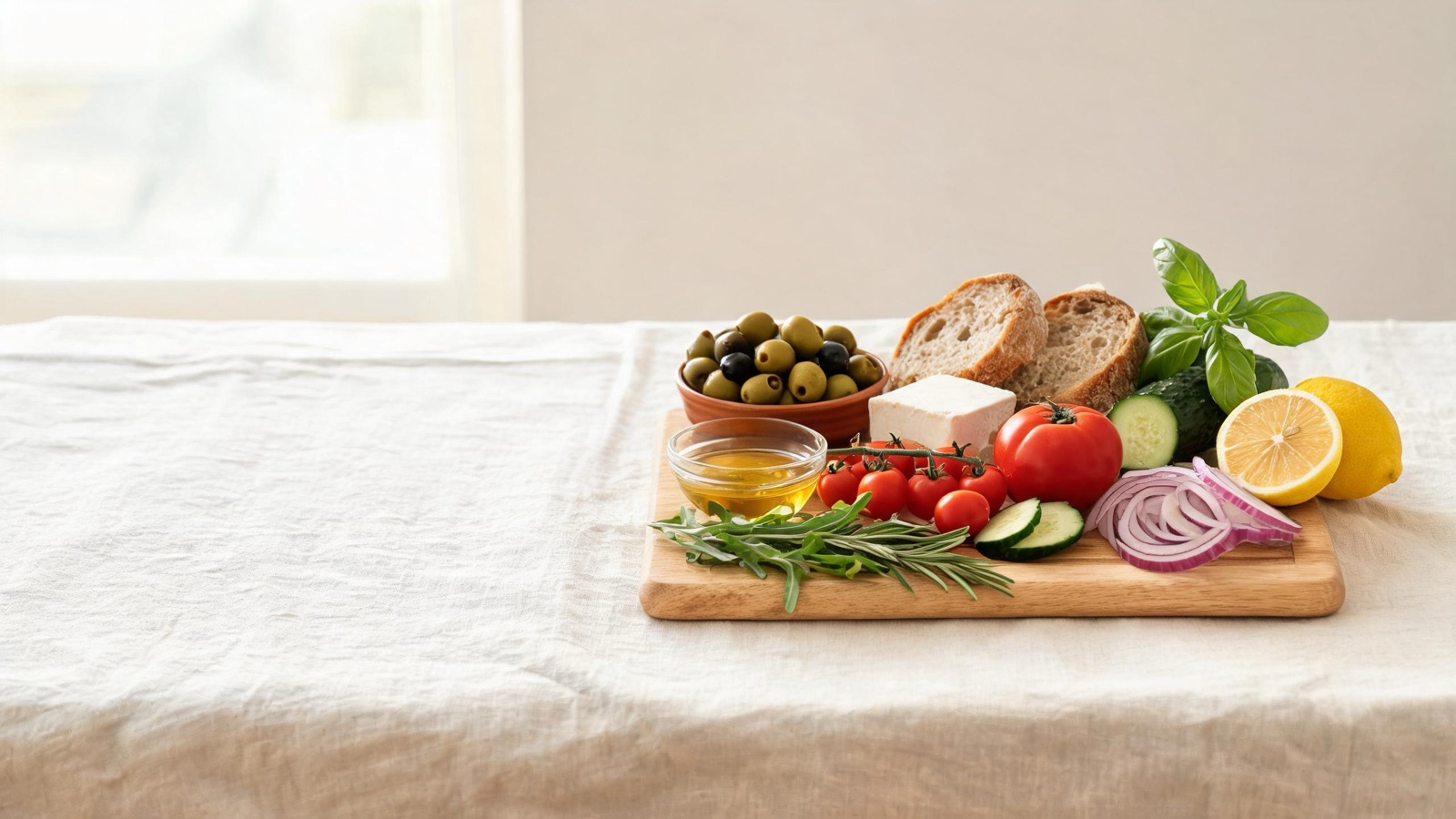 Ingredienti freschi di stagione disposti su un tagliere di legno, luce naturale da finestra