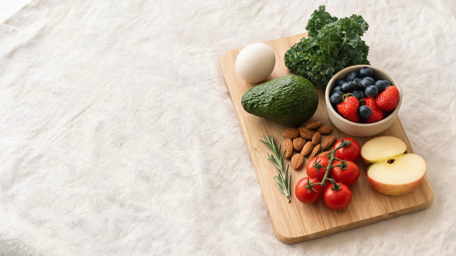 Ingredienti freschi di stagione disposti su un tagliere di legno, luce naturale da finestra