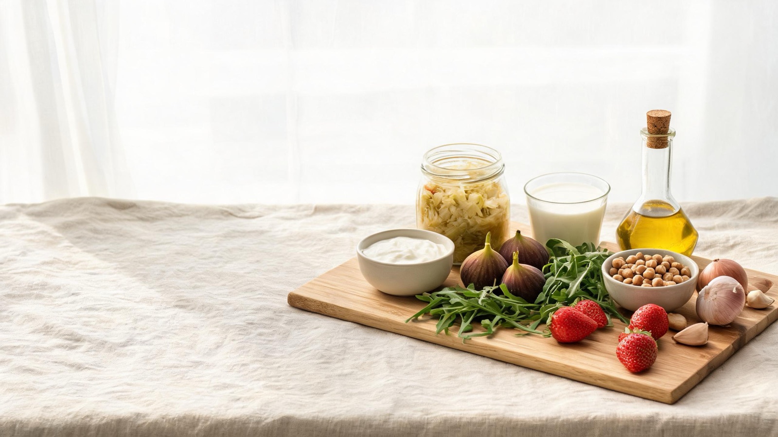 Ingredienti freschi di stagione disposti su un tagliere di legno, luce naturale da finestra