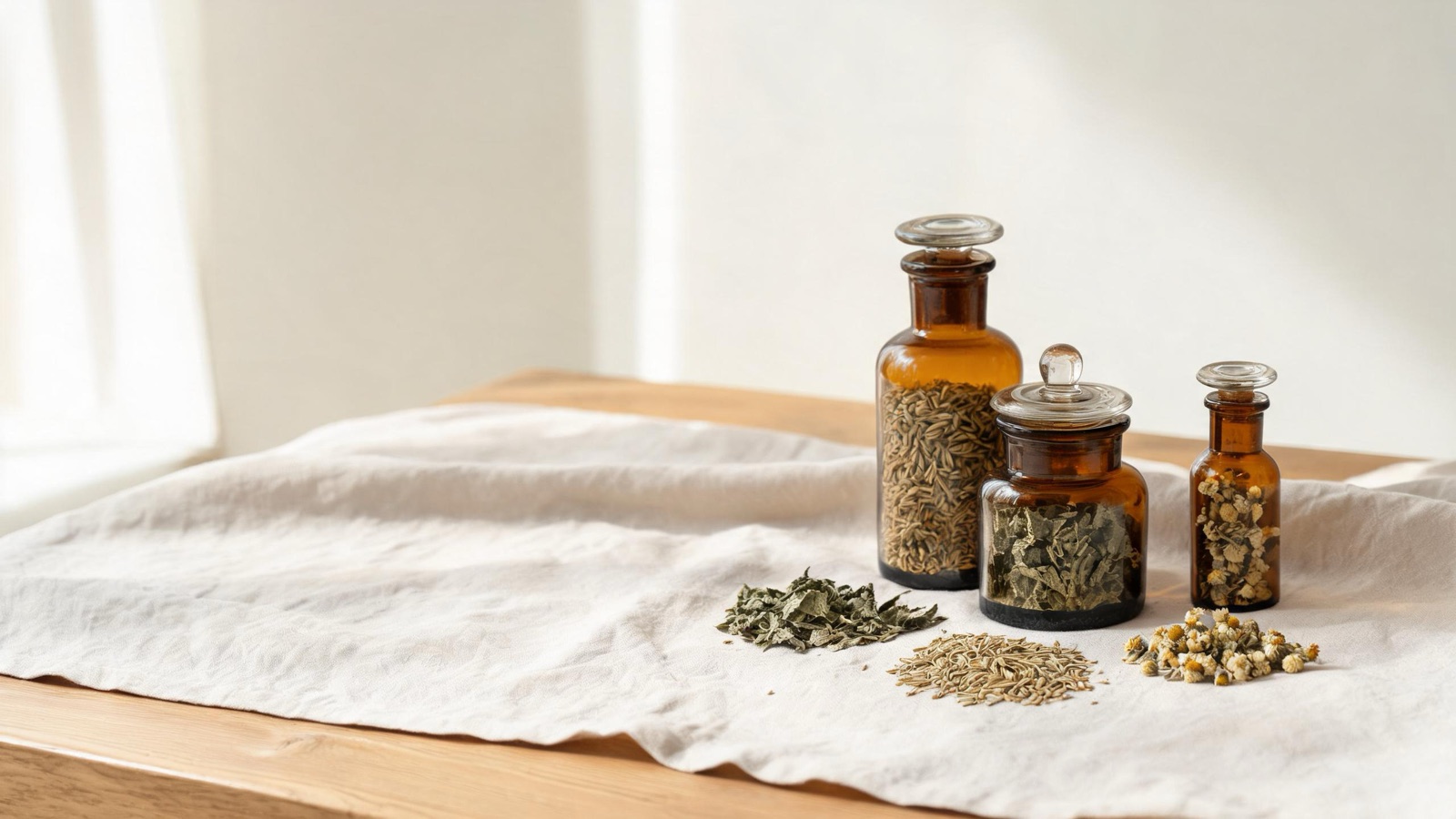 Erbe officinali, botaniche essiccate e boccette ambrate da farmacia su un piano chiaro