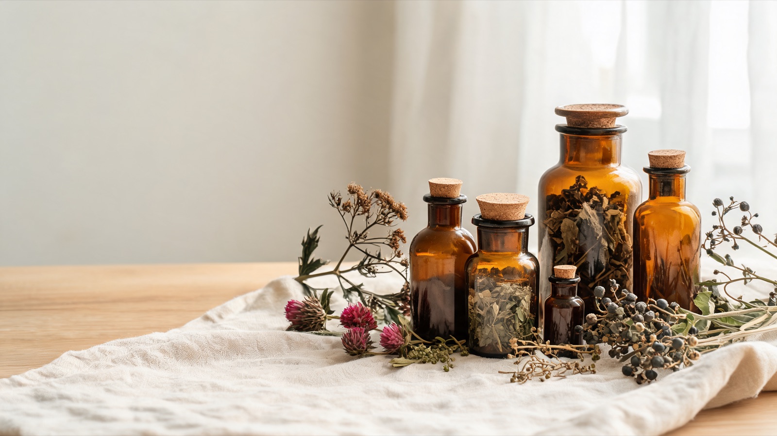 Erbe officinali, botaniche essiccate e boccette ambrate da farmacia su un piano chiaro
