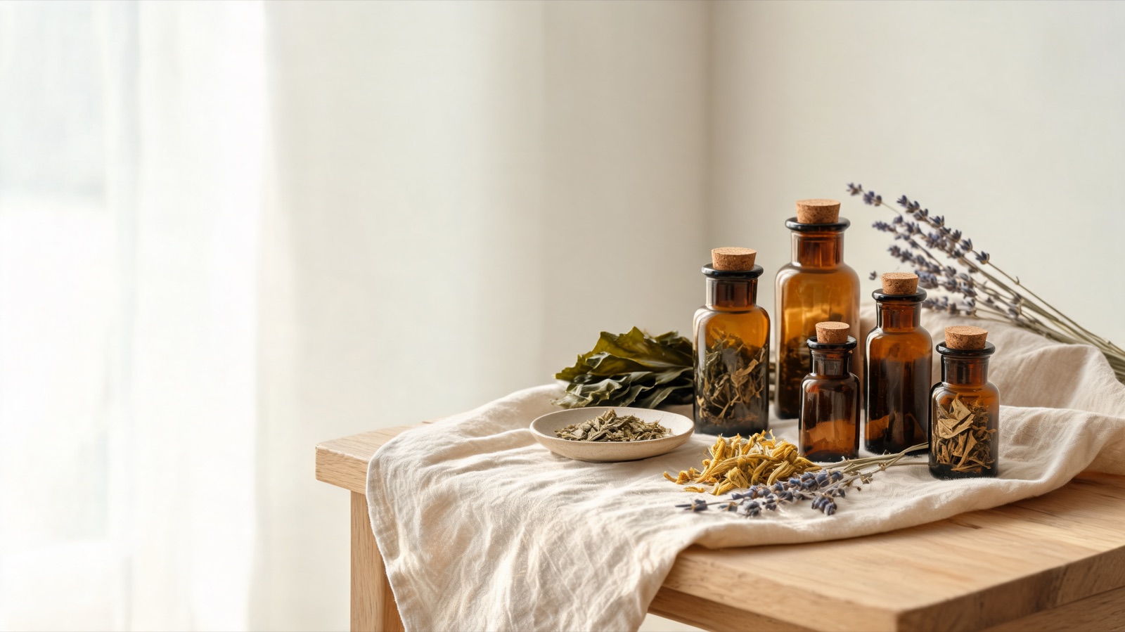 Erbe officinali, botaniche essiccate e boccette ambrate da farmacia su un piano chiaro