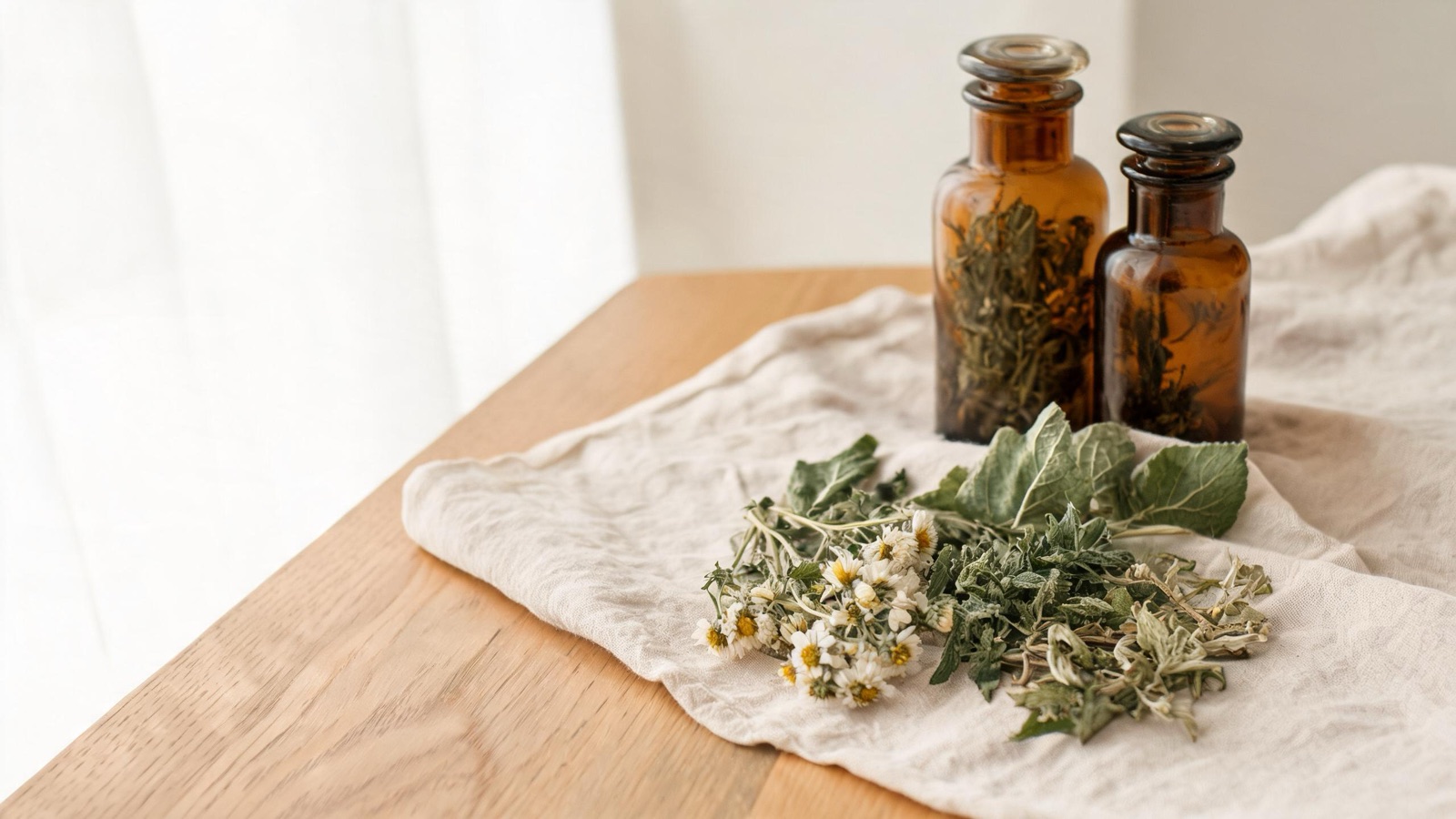 Erbe officinali, botaniche essiccate e boccette ambrate da farmacia su un piano chiaro