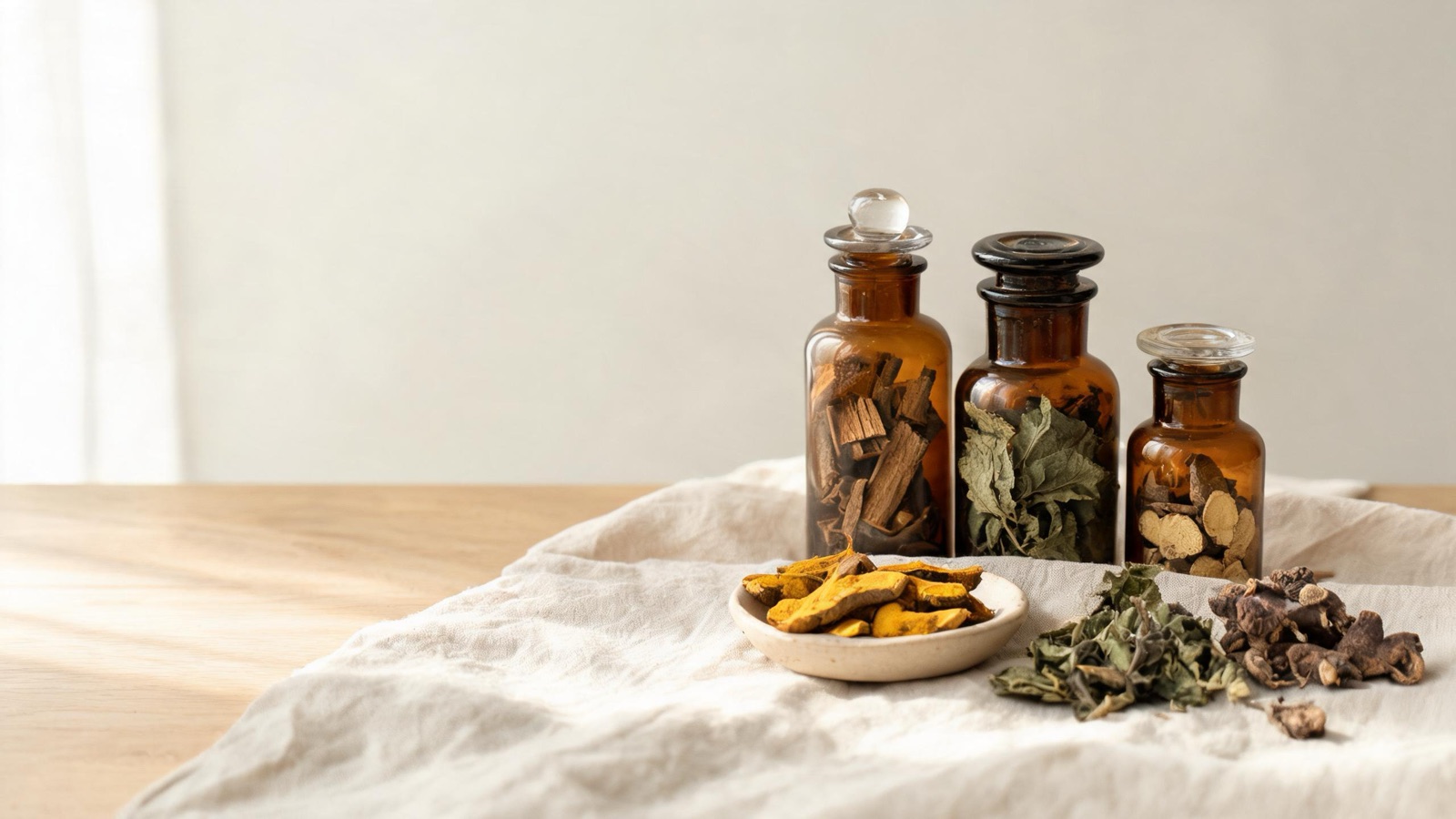 Erbe officinali, botaniche essiccate e boccette ambrate da farmacia su un piano chiaro