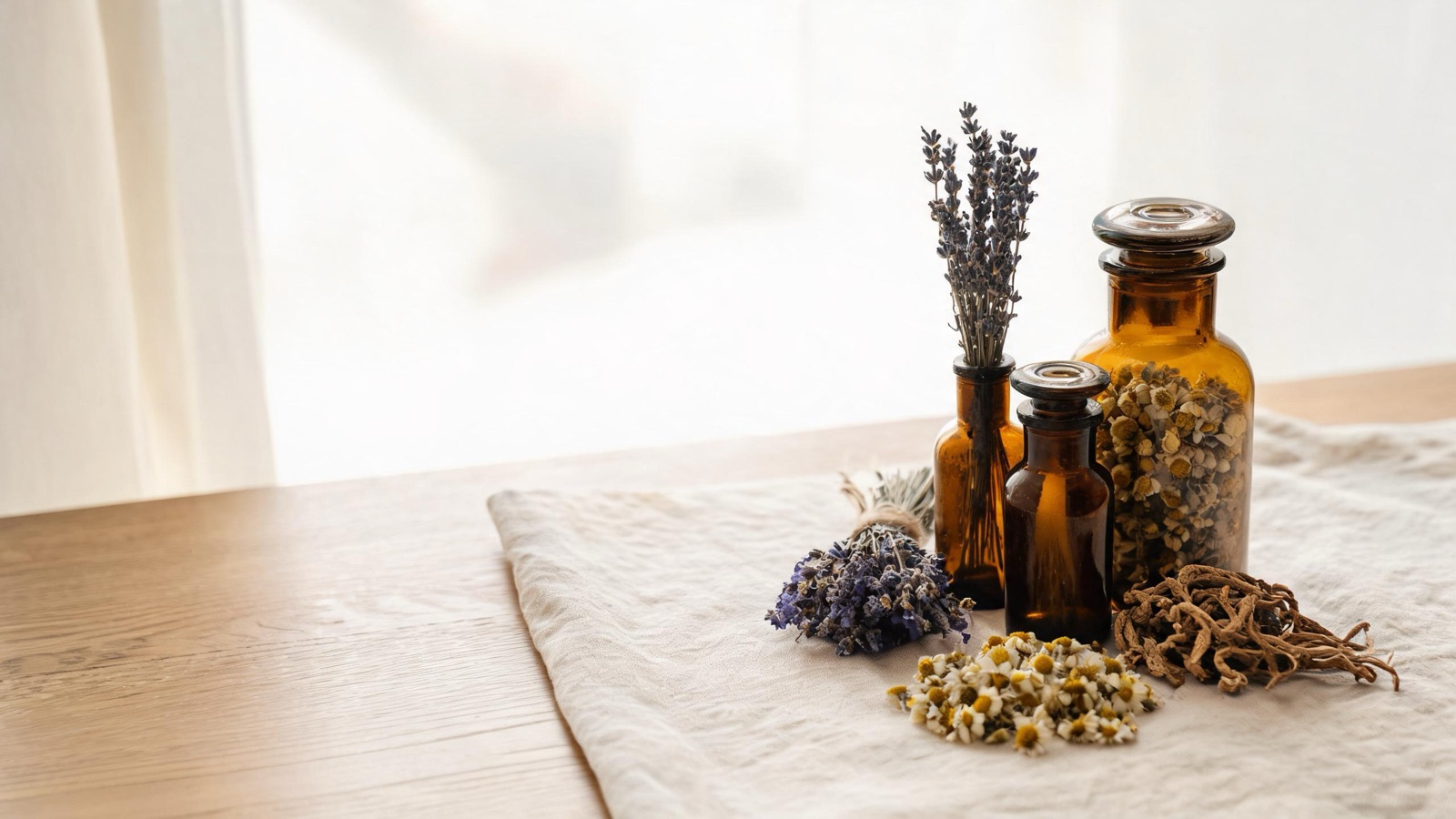 Erbe officinali, botaniche essiccate e boccette ambrate da farmacia su un piano chiaro