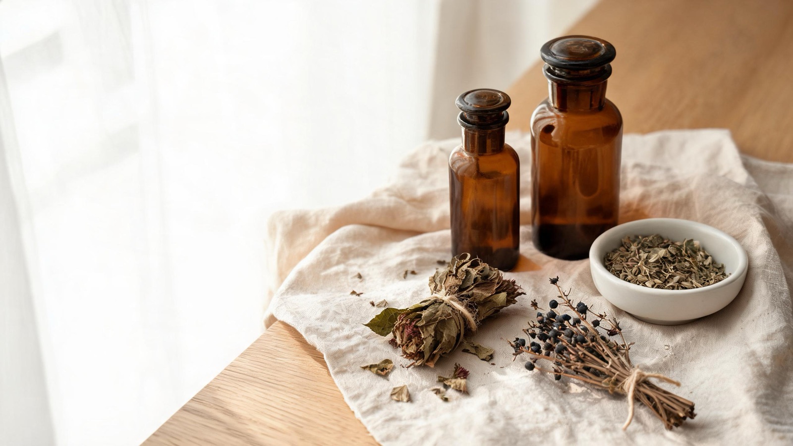 Erbe officinali, botaniche essiccate e boccette ambrate da farmacia su un piano chiaro