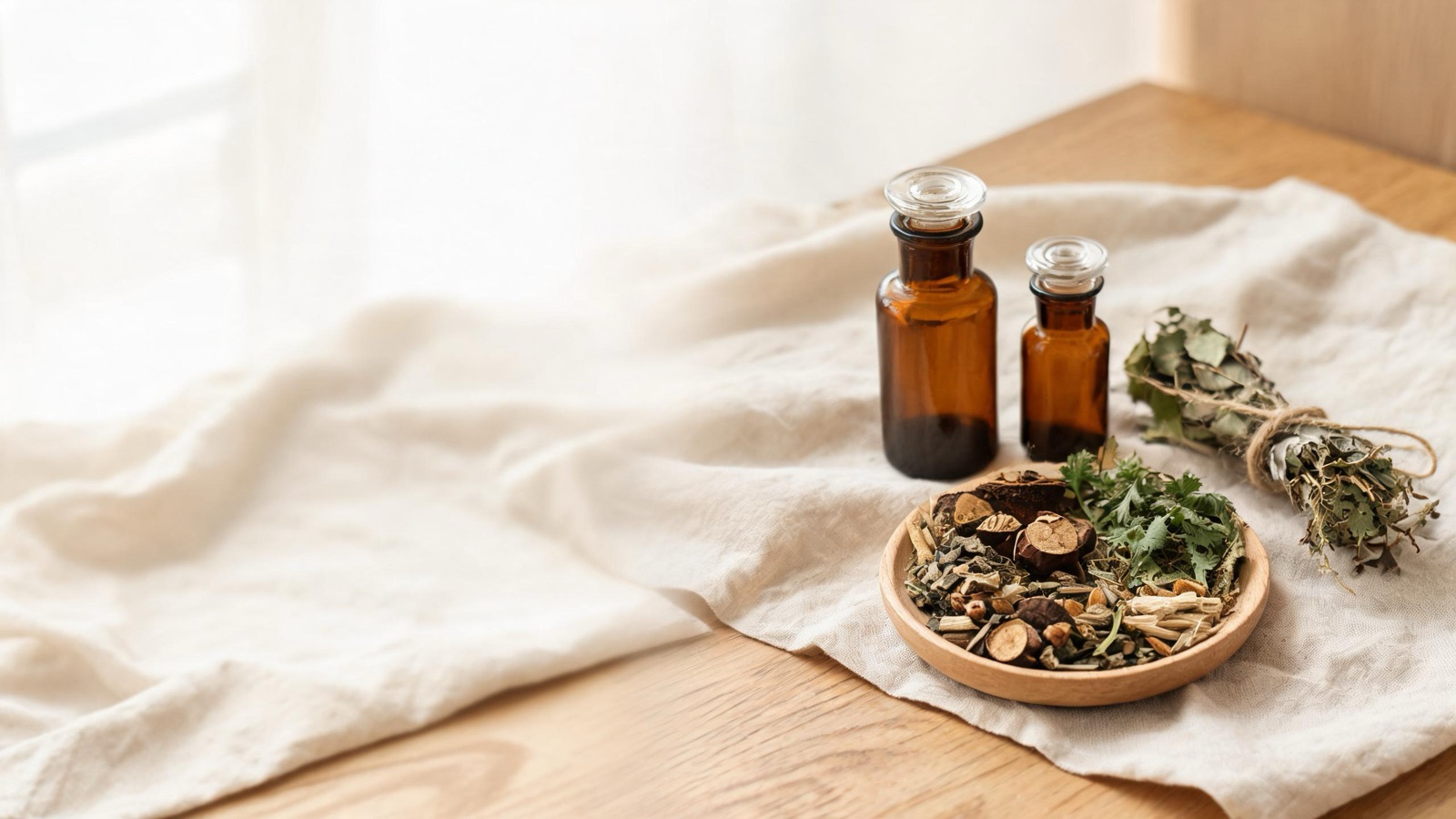 Erbe officinali, botaniche essiccate e boccette ambrate da farmacia su un piano chiaro