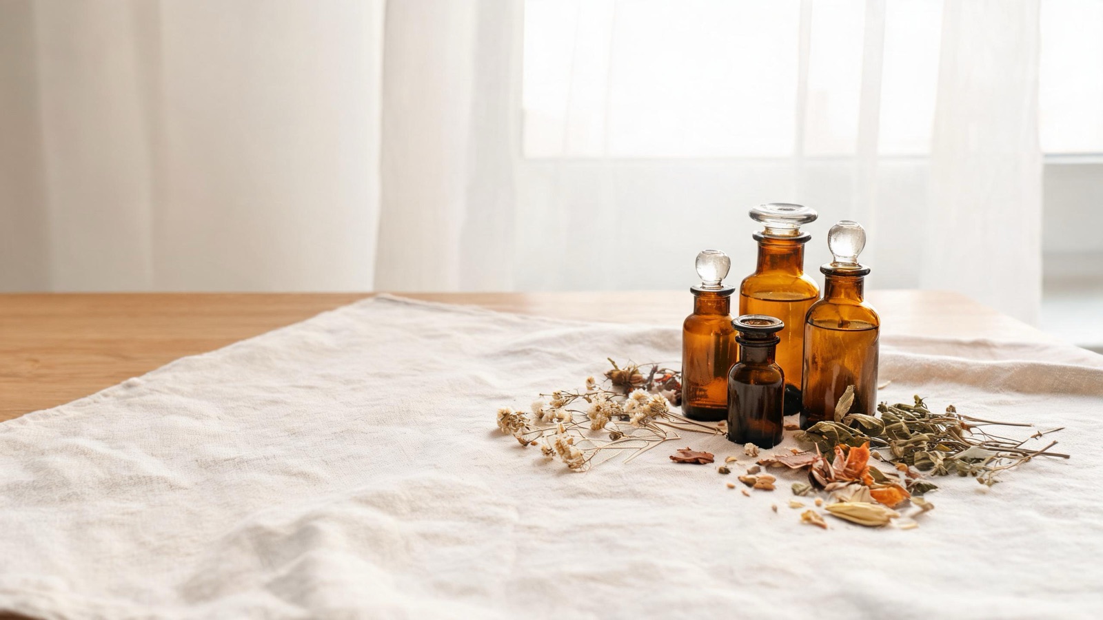 Erbe officinali, botaniche essiccate e boccette ambrate da farmacia su un piano chiaro