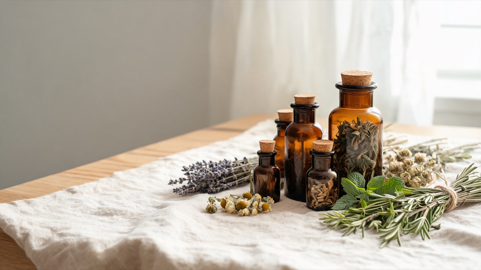 Erbe officinali, botaniche essiccate e boccette ambrate da farmacia su un piano chiaro