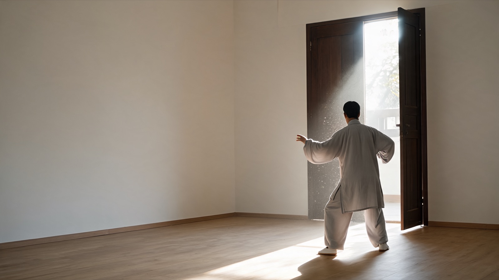 Una porta aperta lascia entrare una lama di luce in una stanza silenziosa