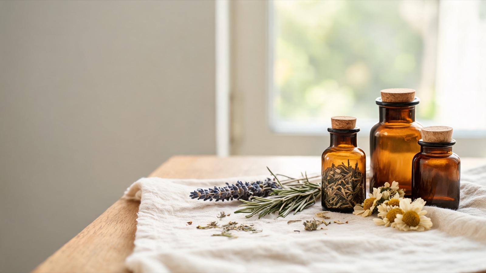 Erbe officinali, botaniche essiccate e boccette ambrate da farmacia su un piano chiaro