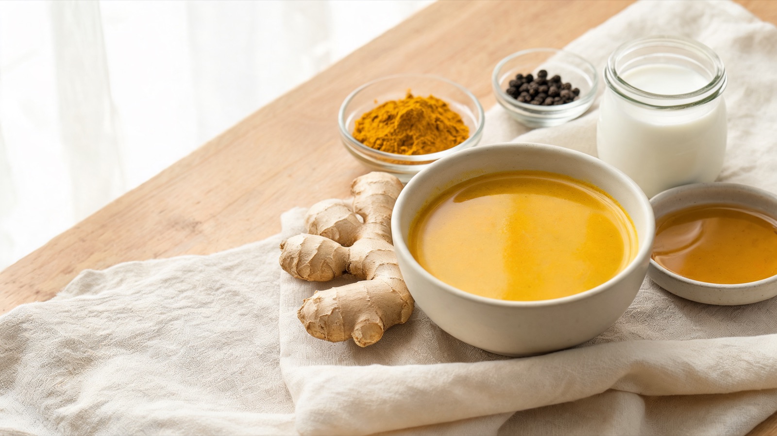 Il piatto pronto servito su ceramica opaca, con gli ingredienti crudi disposti attorno