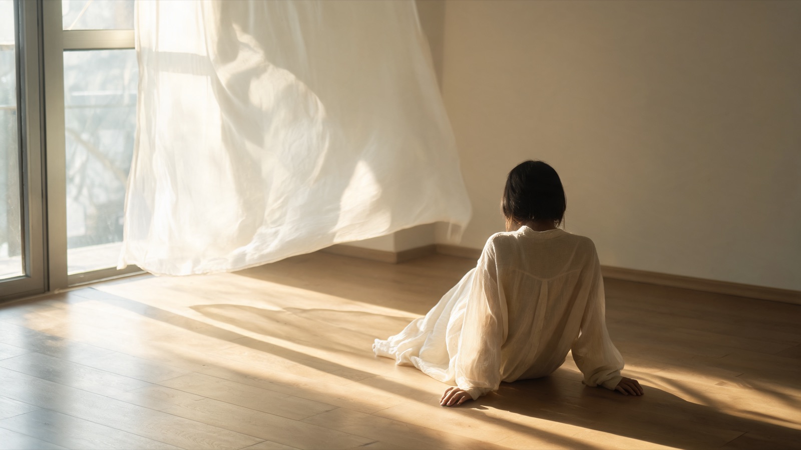 Luce del mattino da una finestra alta su un pavimento di legno, una tenda leggera mossa dalla corrente