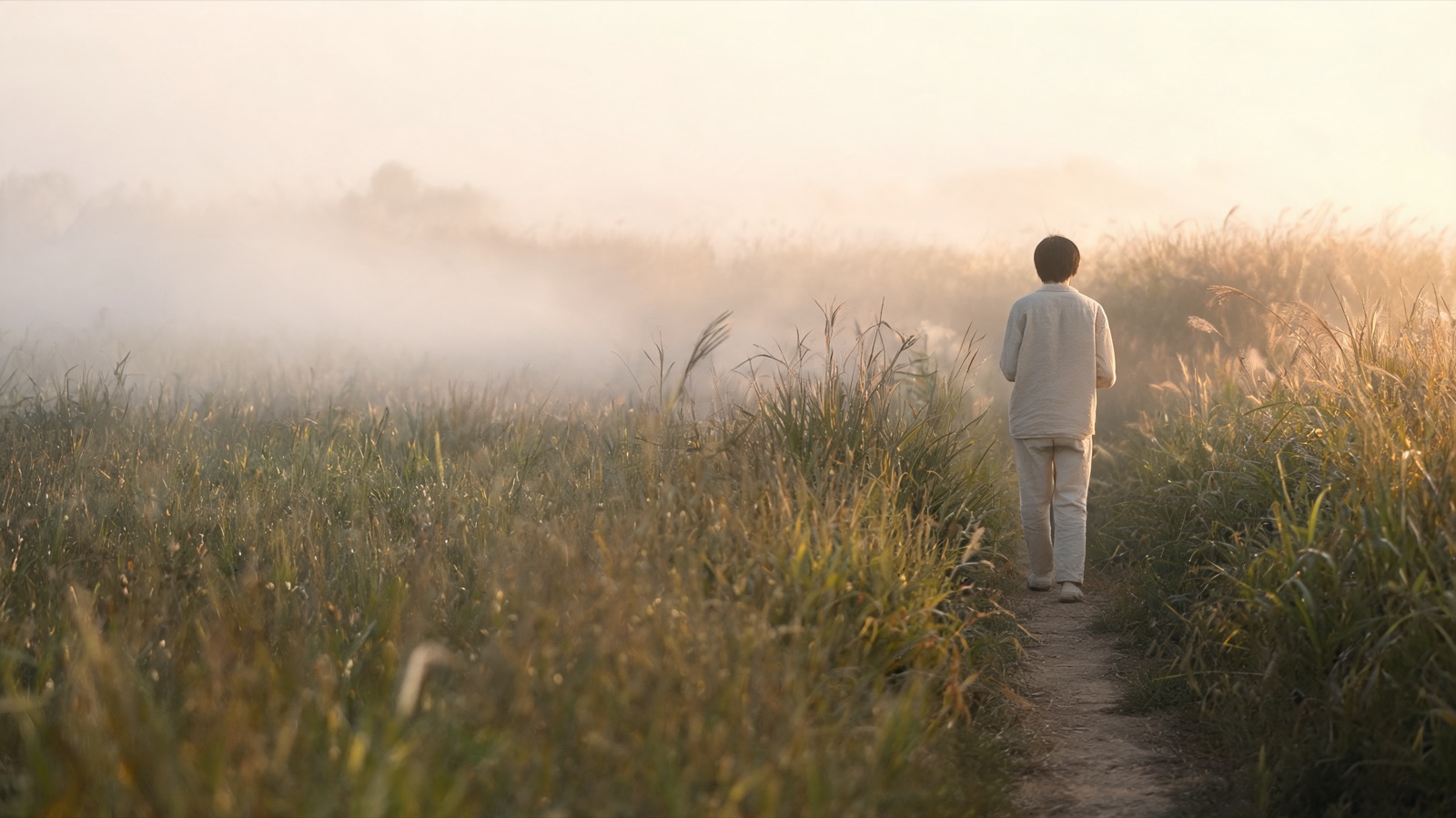 Un sentiero stretto fra l'erba alta all'alba, con la nebbia bassa sul campo