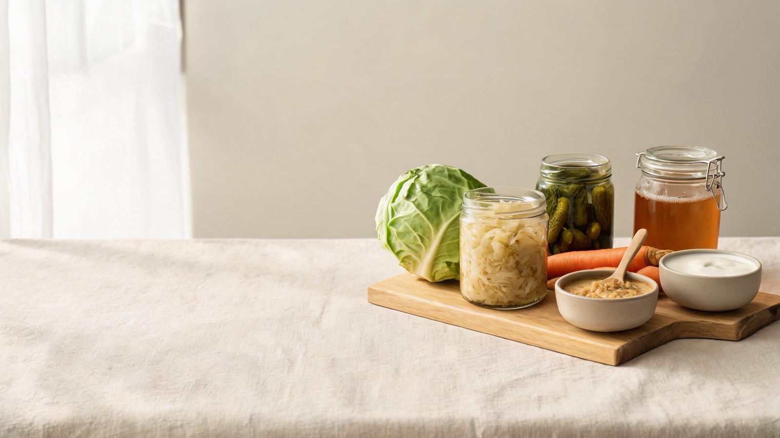 Ingredienti freschi di stagione disposti su un tagliere di legno, luce naturale da finestra