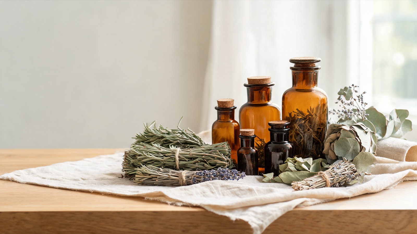 Natura morta luminosa di oggetti del benessere quotidiano, luce naturale