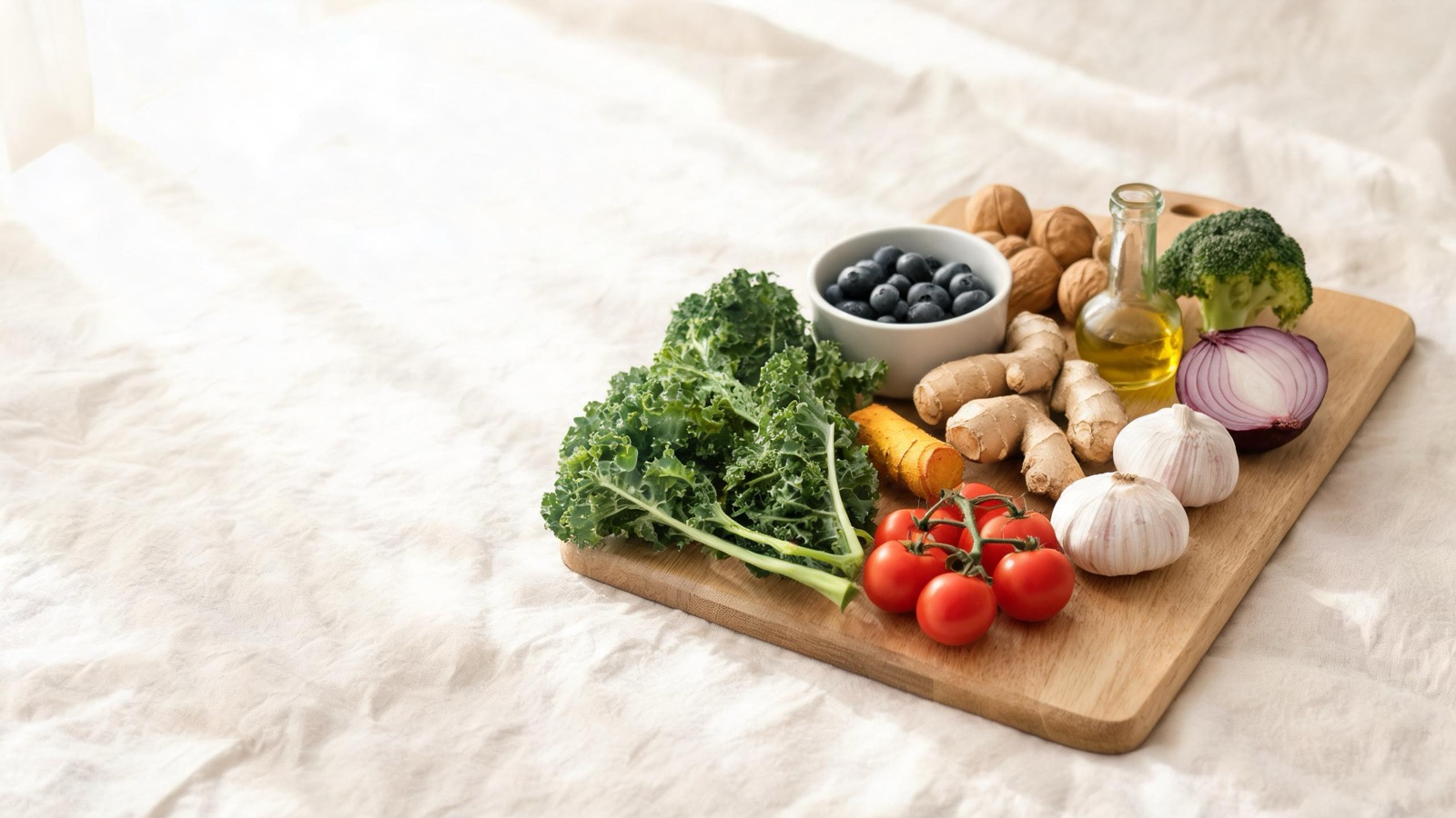 Ingredienti freschi di stagione disposti su un tagliere di legno, luce naturale da finestra