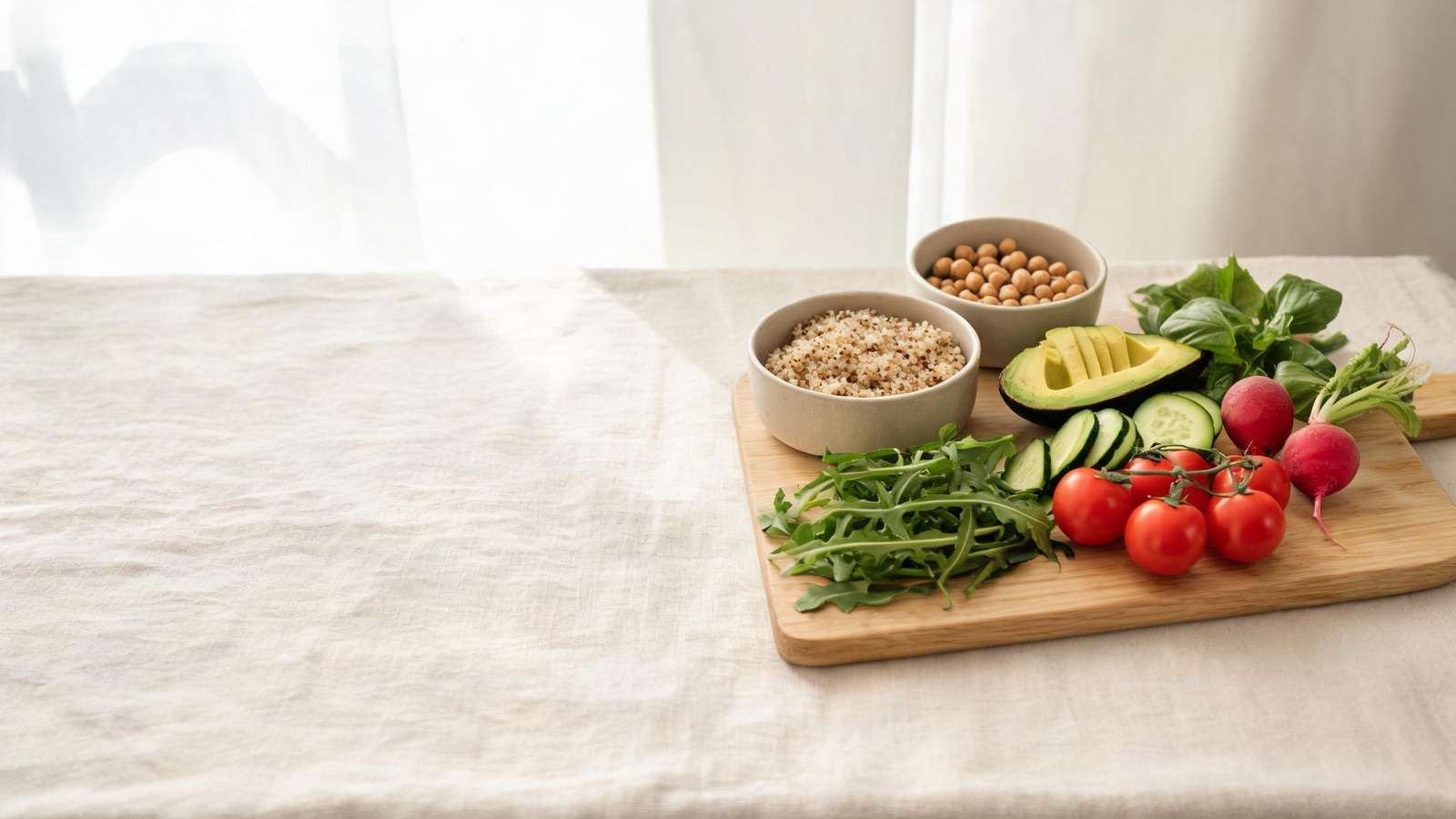 Ingredienti freschi di stagione disposti su un tagliere di legno, luce naturale da finestra