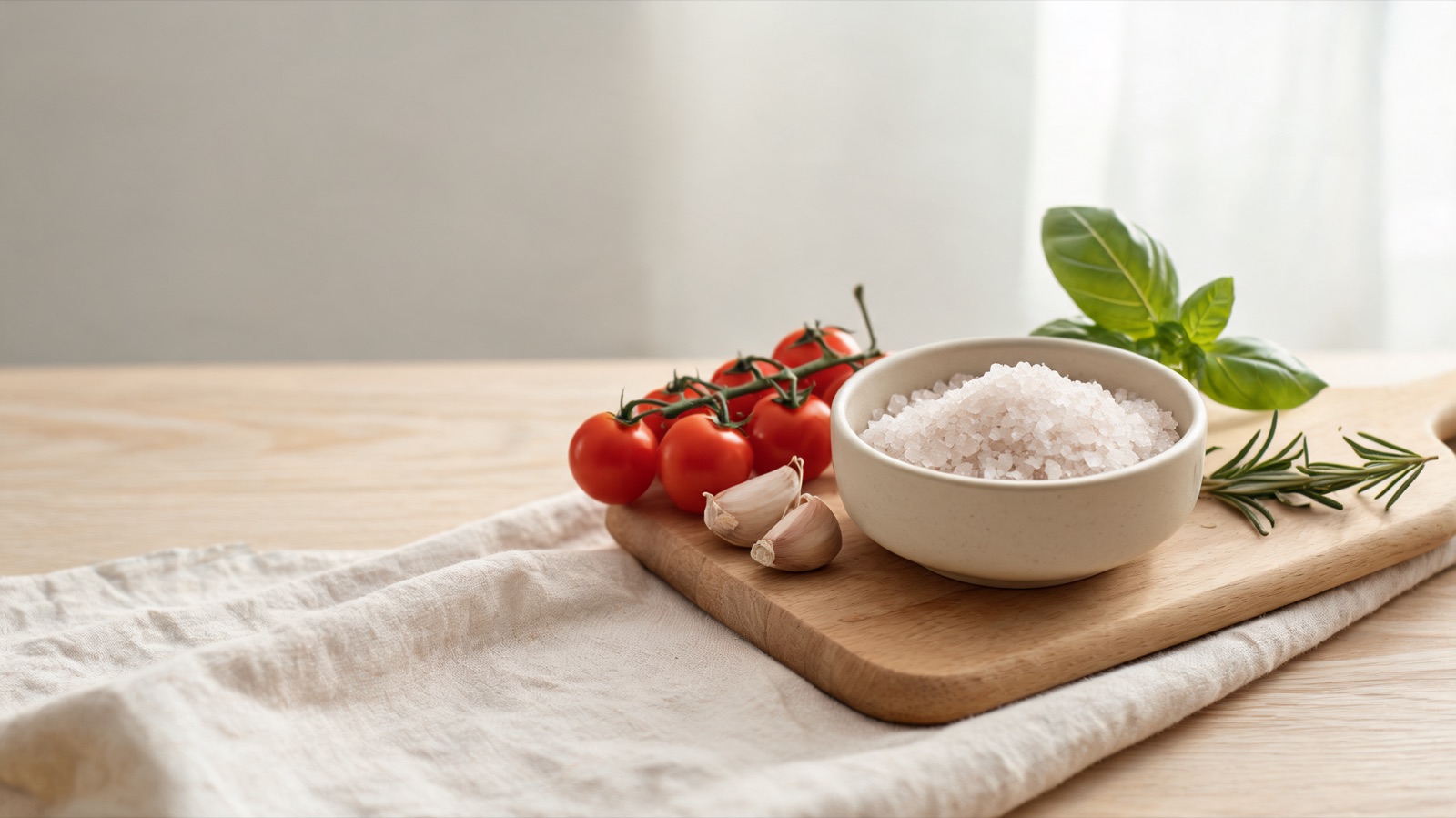 Ingredienti freschi di stagione disposti su un tagliere di legno, luce naturale da finestra