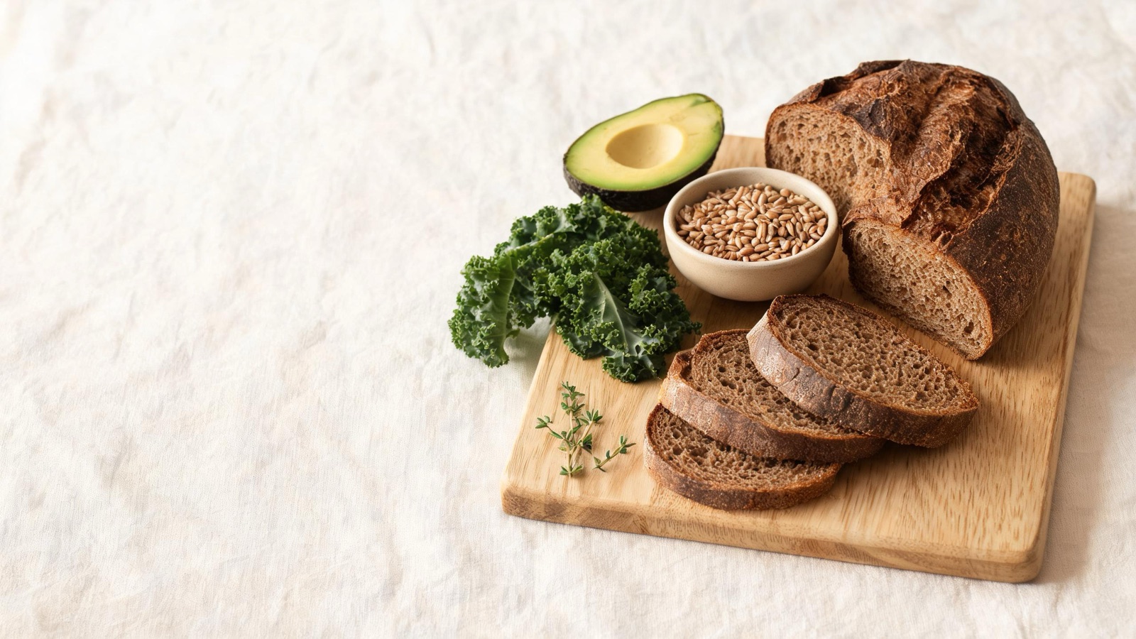Ingredienti freschi di stagione disposti su un tagliere di legno, luce naturale da finestra