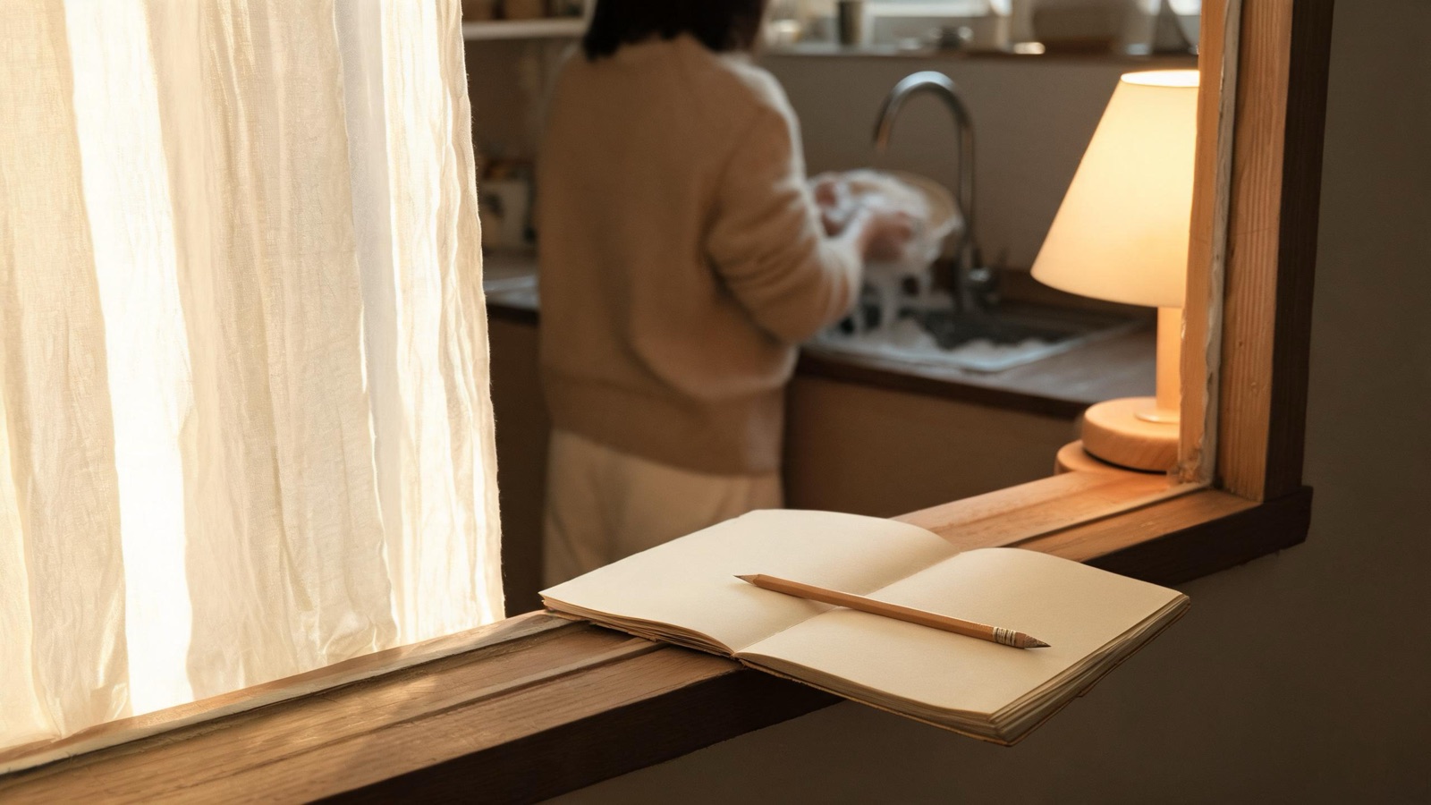 Un quaderno aperto e una matita consumata sul davanzale, luce calda di lampada