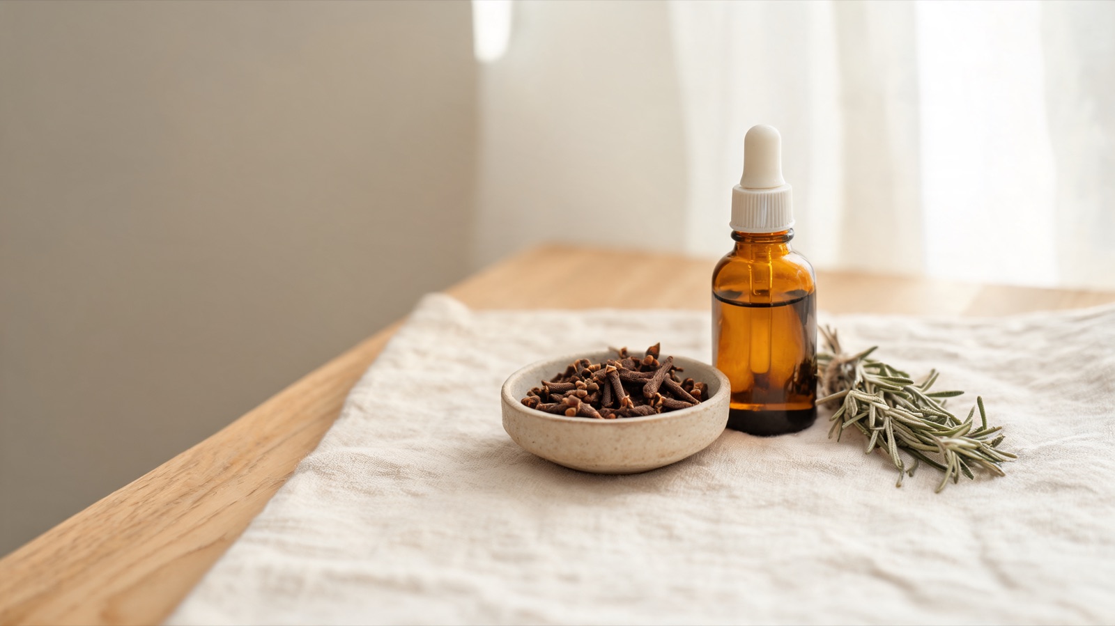 Erbe officinali, botaniche essiccate e boccette ambrate da farmacia su un piano chiaro