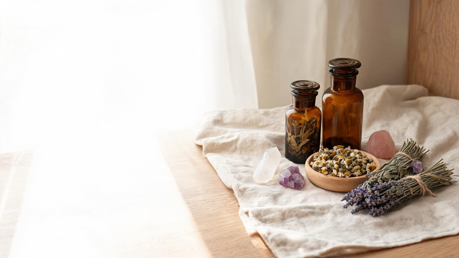 Erbe officinali, botaniche essiccate e boccette ambrate da farmacia su un piano chiaro