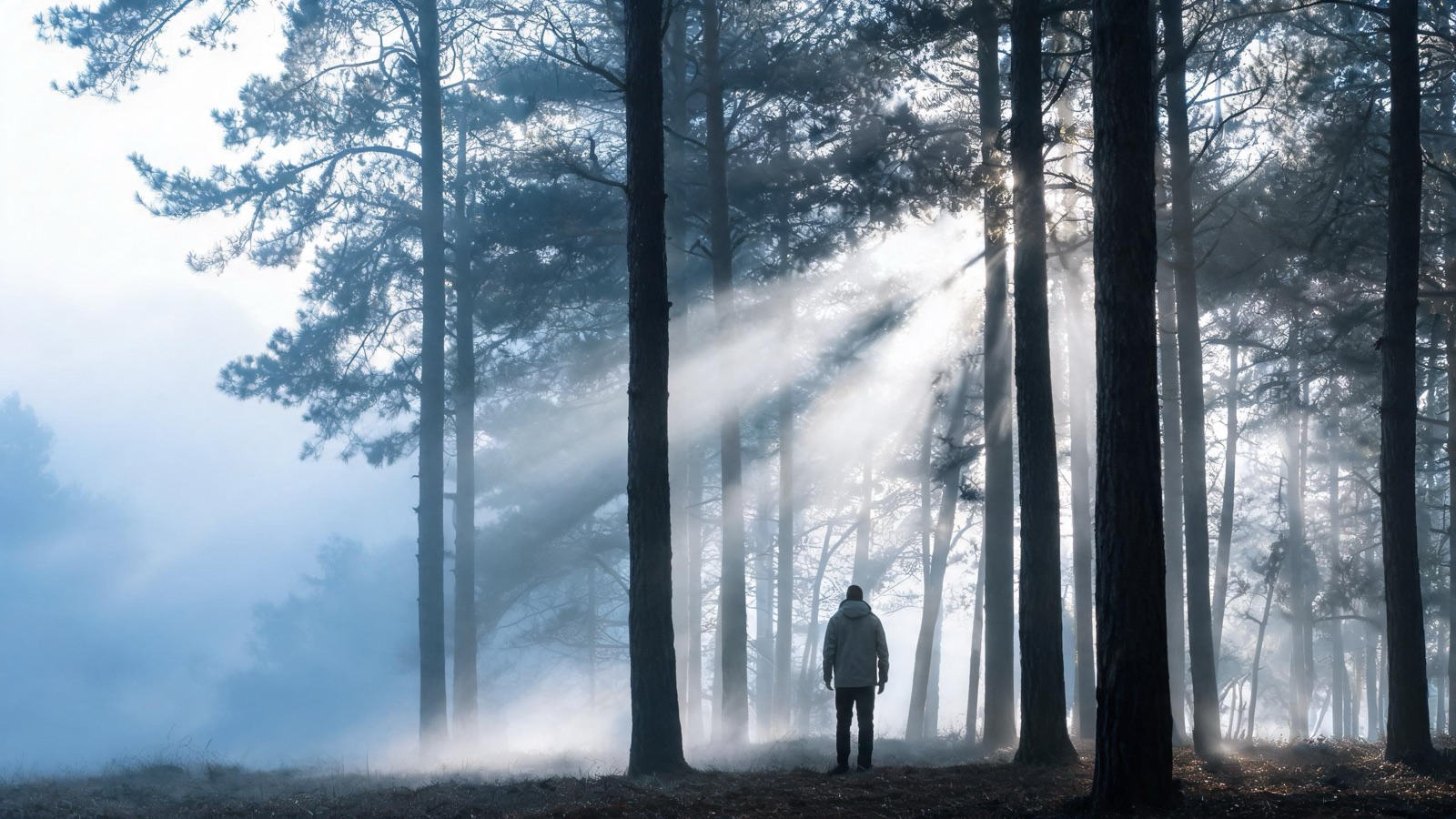 Raggi di sole che attraversano la nebbia fra i tronchi dei pini in un mattino freddo