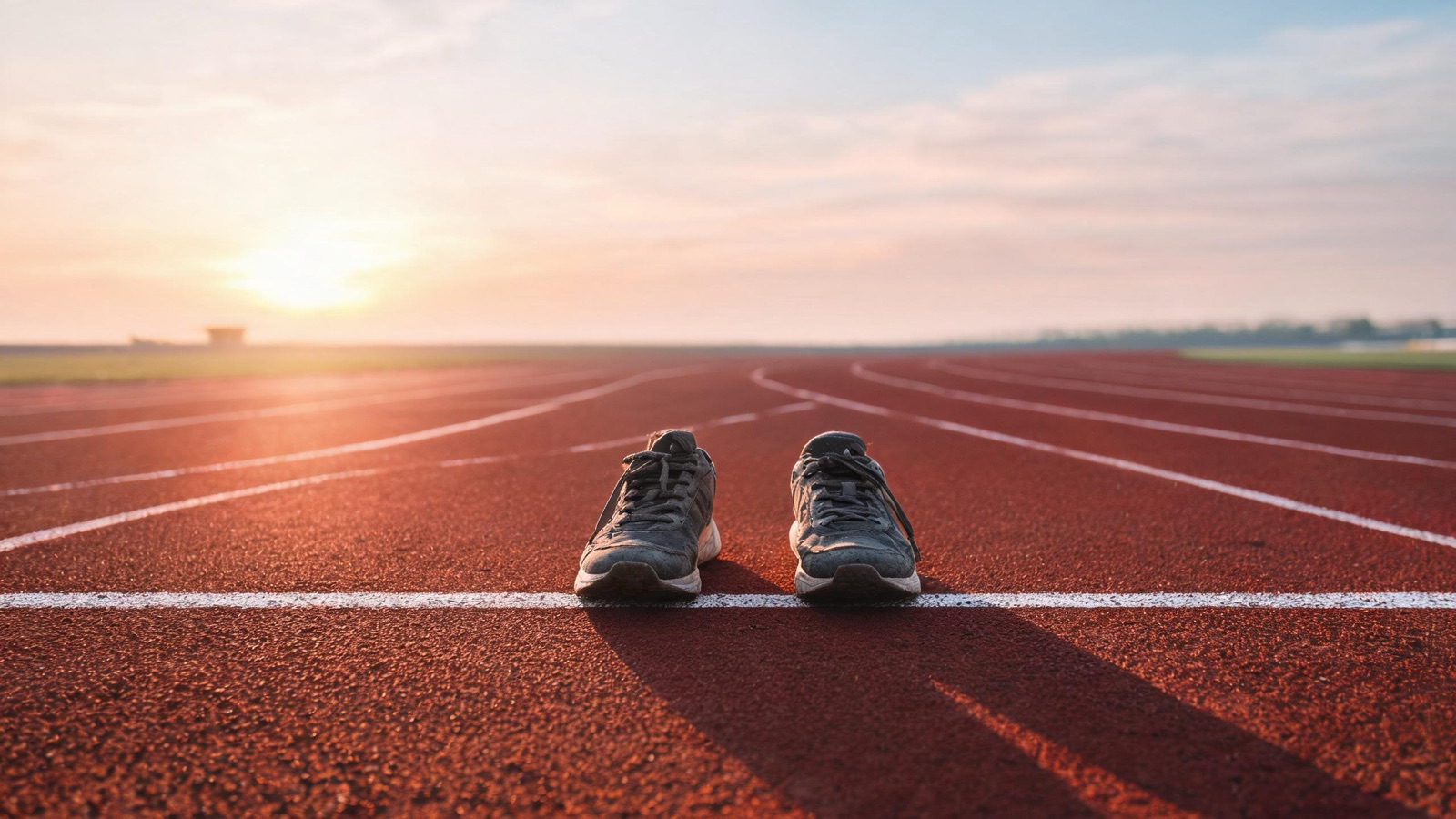 Un paio di scarpe consumate sulla linea di partenza di una pista deserta all'alba