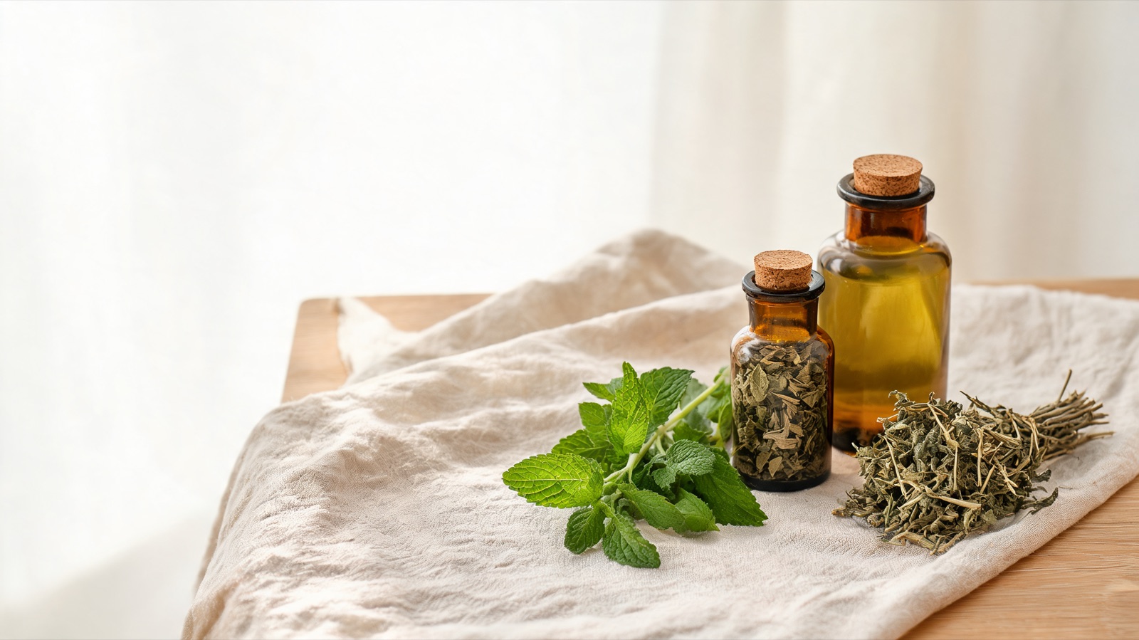 Erbe officinali, botaniche essiccate e boccette ambrate da farmacia su un piano chiaro