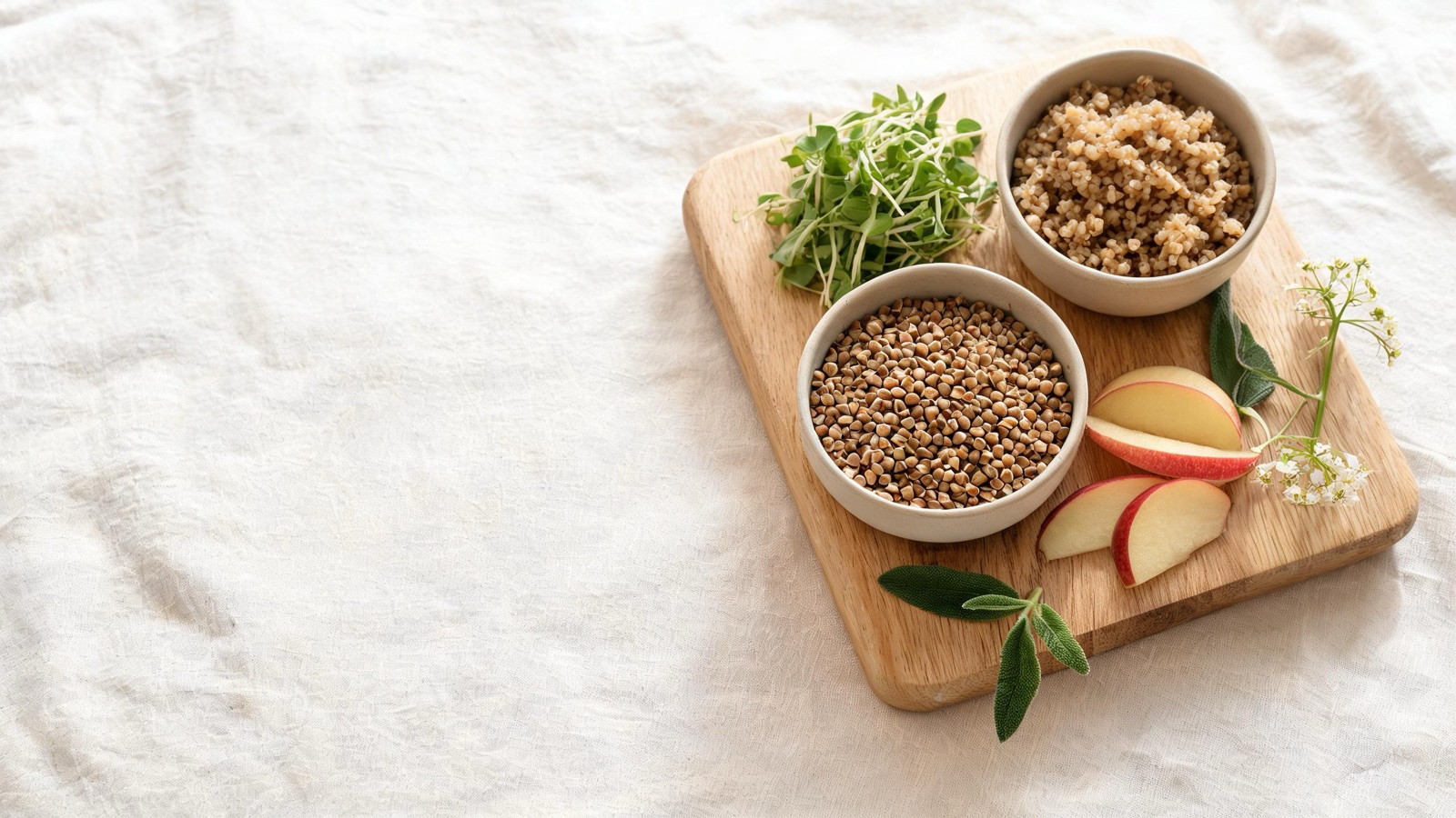Ingredienti freschi di stagione disposti su un tagliere di legno, luce naturale da finestra