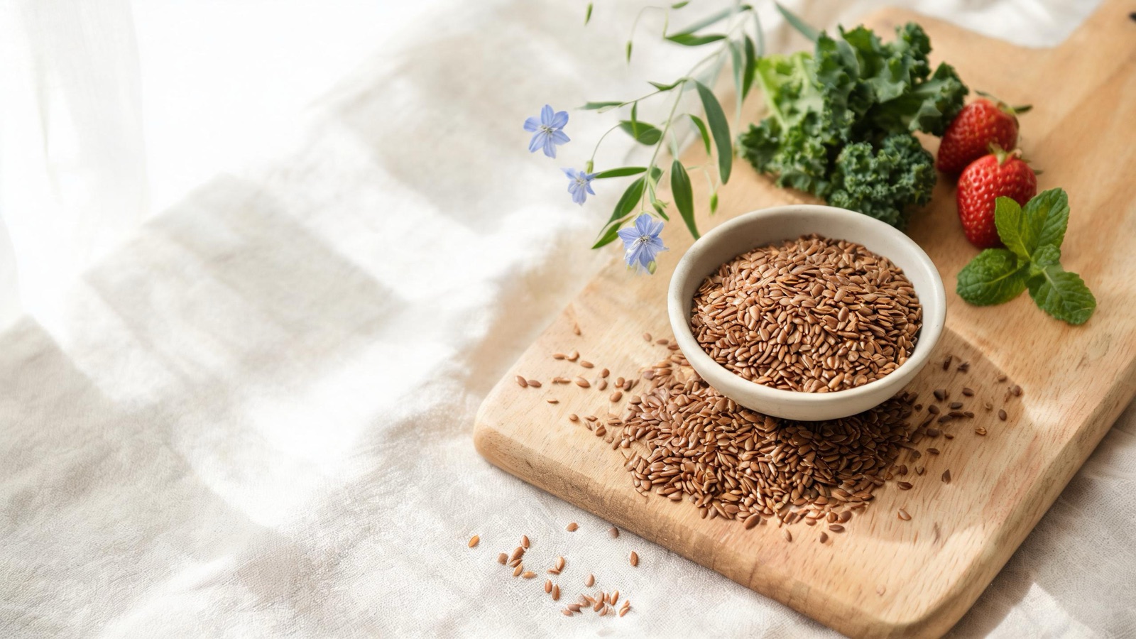 Ingredienti freschi di stagione disposti su un tagliere di legno, luce naturale da finestra