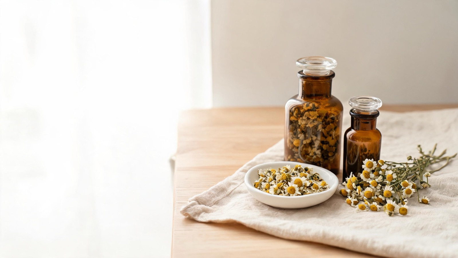 Erbe officinali, botaniche essiccate e boccette ambrate da farmacia su un piano chiaro