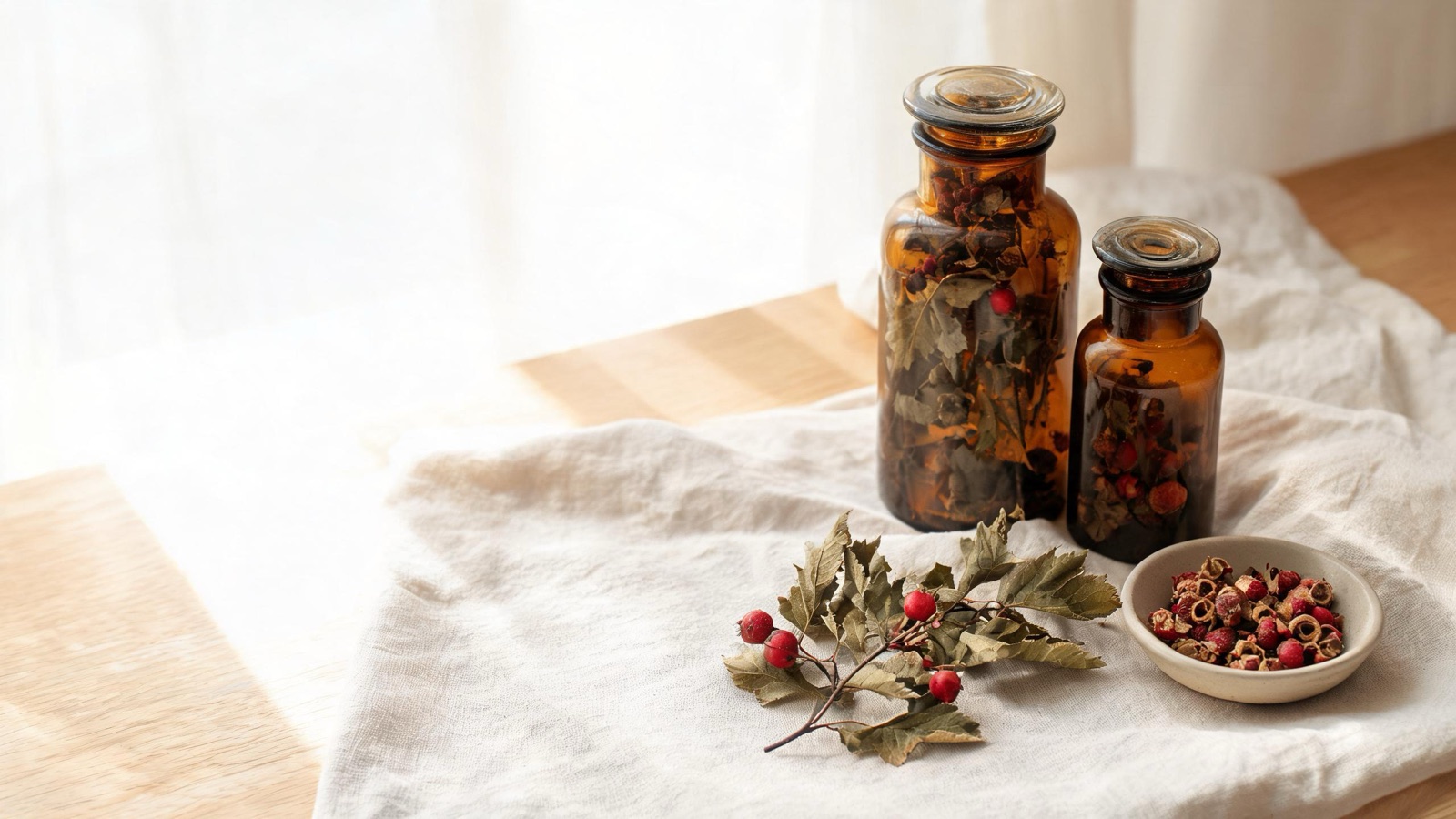 Erbe officinali, botaniche essiccate e boccette ambrate da farmacia su un piano chiaro