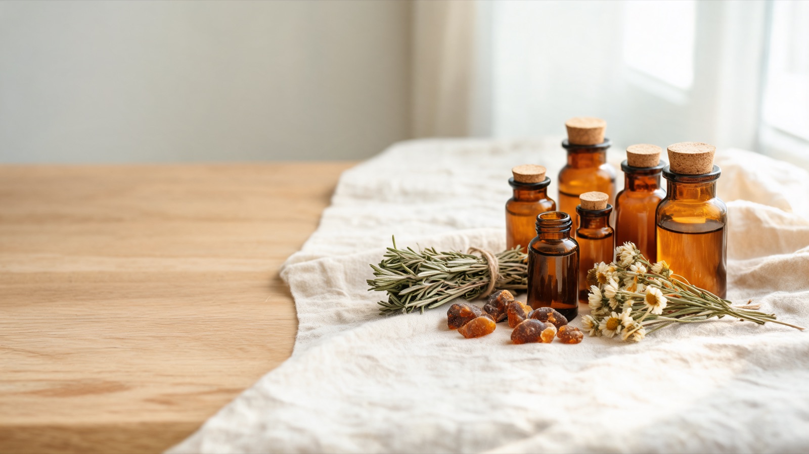 Erbe officinali, botaniche essiccate e boccette ambrate da farmacia su un piano chiaro