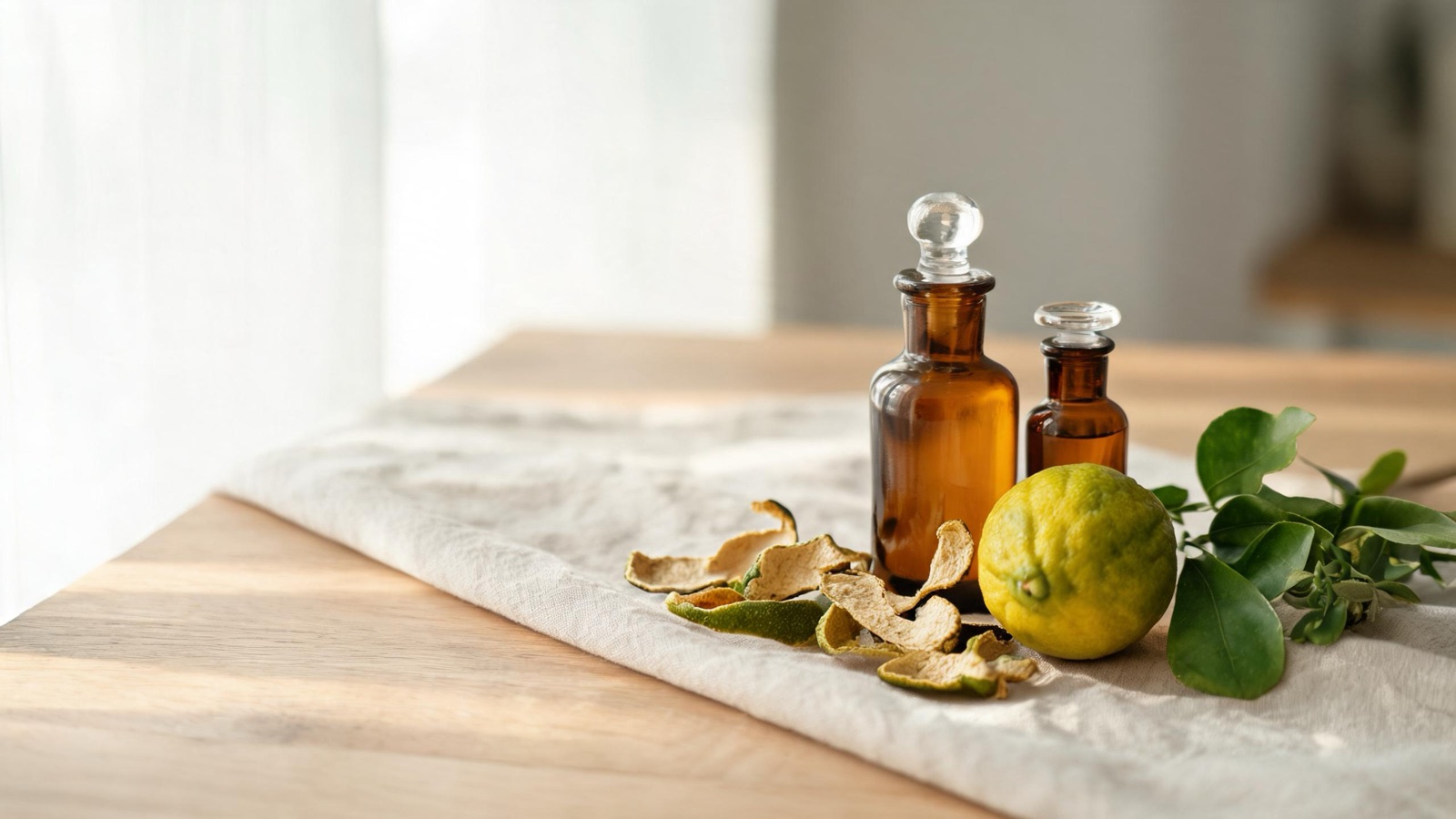 Erbe officinali, botaniche essiccate e boccette ambrate da farmacia su un piano chiaro
