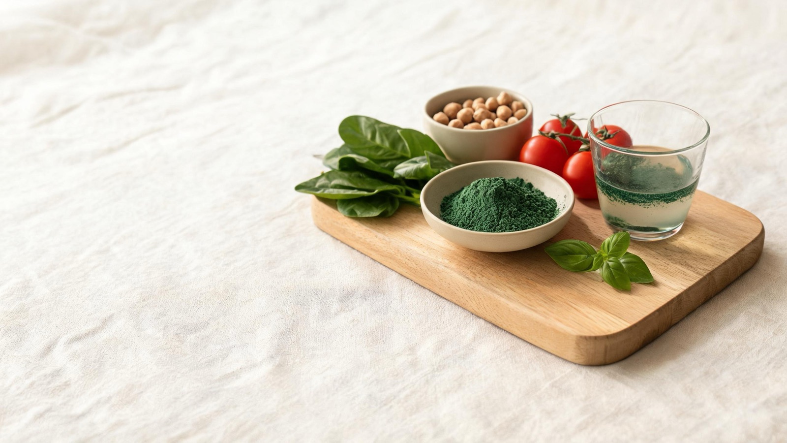 Ingredienti freschi di stagione disposti su un tagliere di legno, luce naturale da finestra