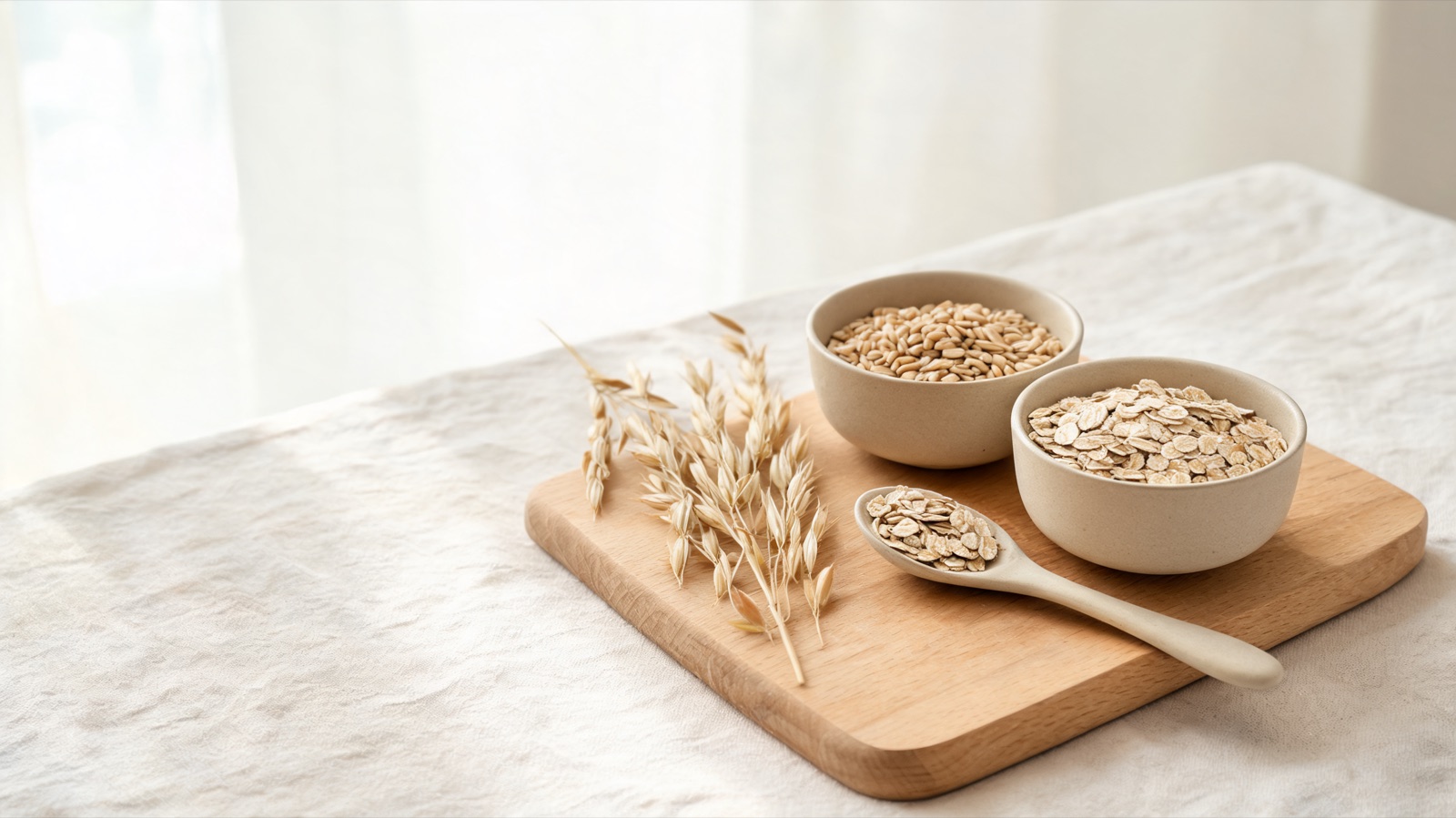 Ingredienti freschi di stagione disposti su un tagliere di legno, luce naturale da finestra