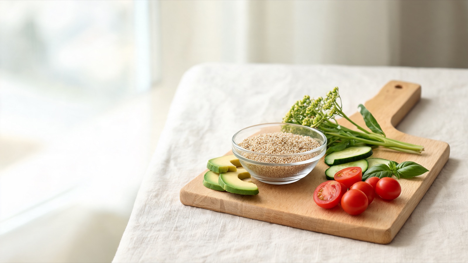 Ingredienti freschi di stagione disposti su un tagliere di legno, luce naturale da finestra