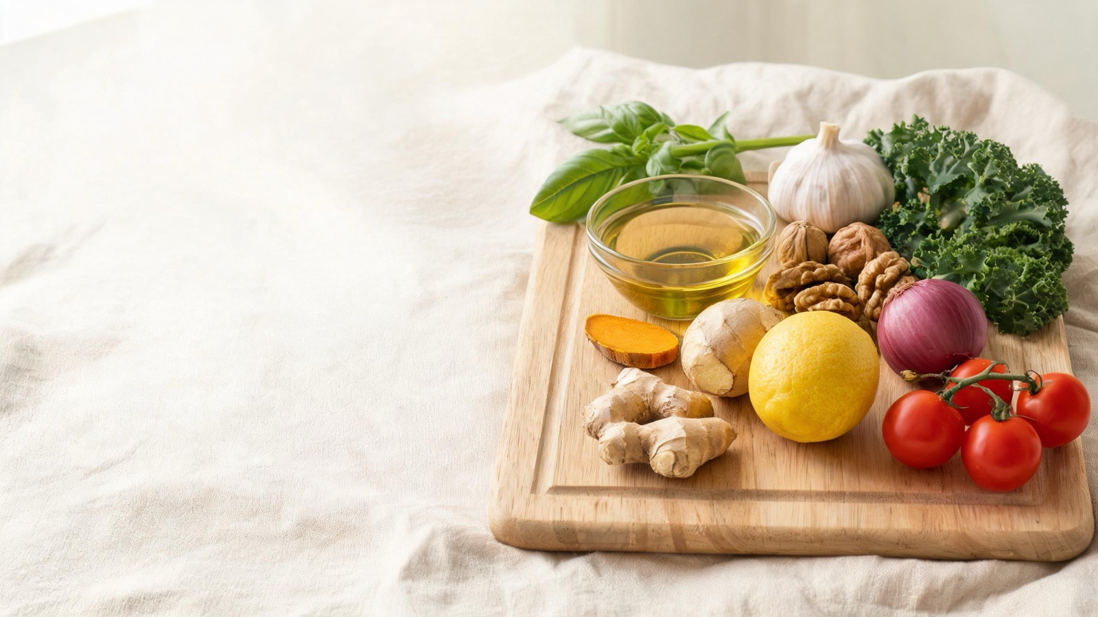 Ingredienti freschi di stagione disposti su un tagliere di legno, luce naturale da finestra