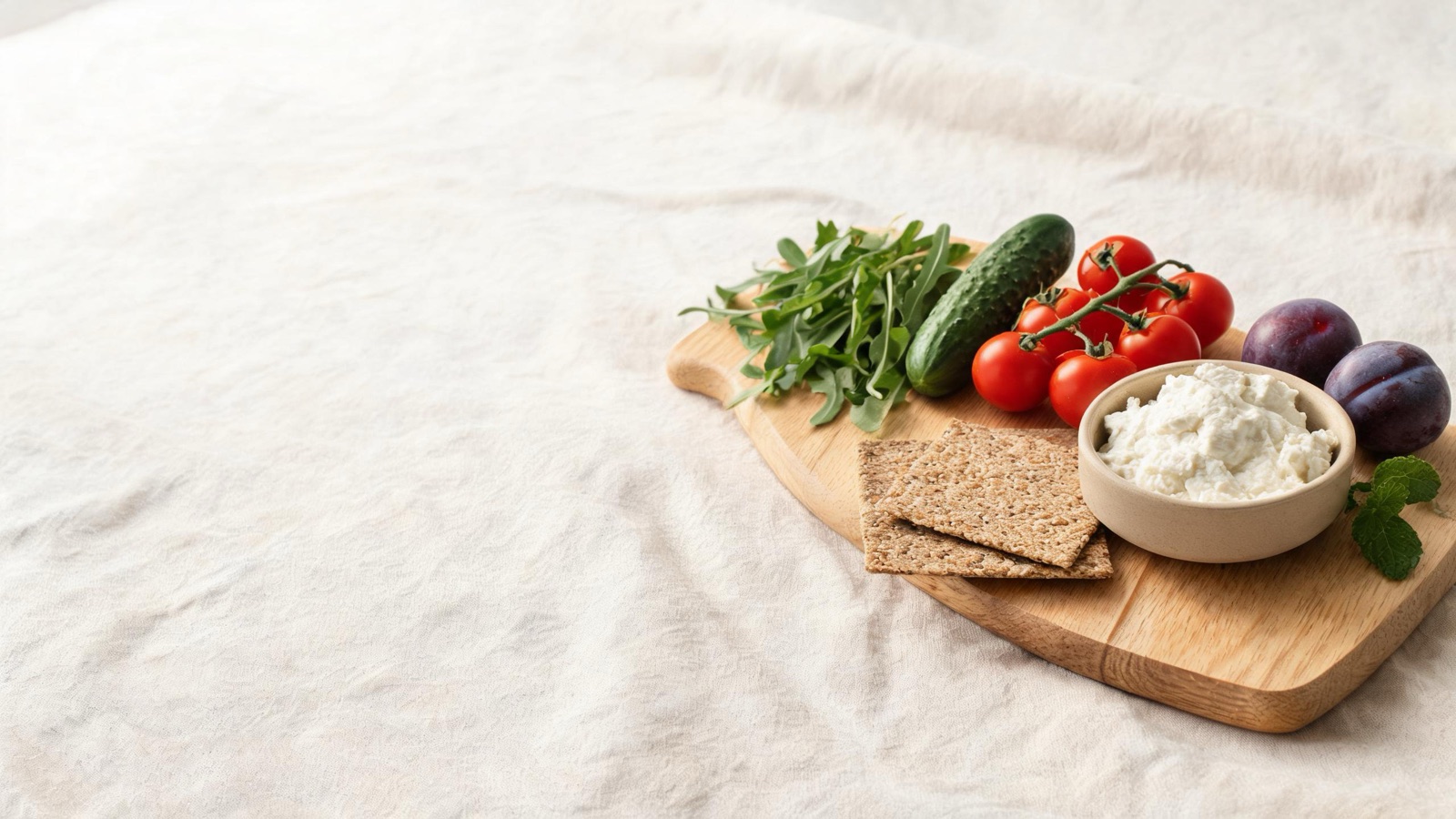 Ingredienti freschi di stagione disposti su un tagliere di legno, luce naturale da finestra