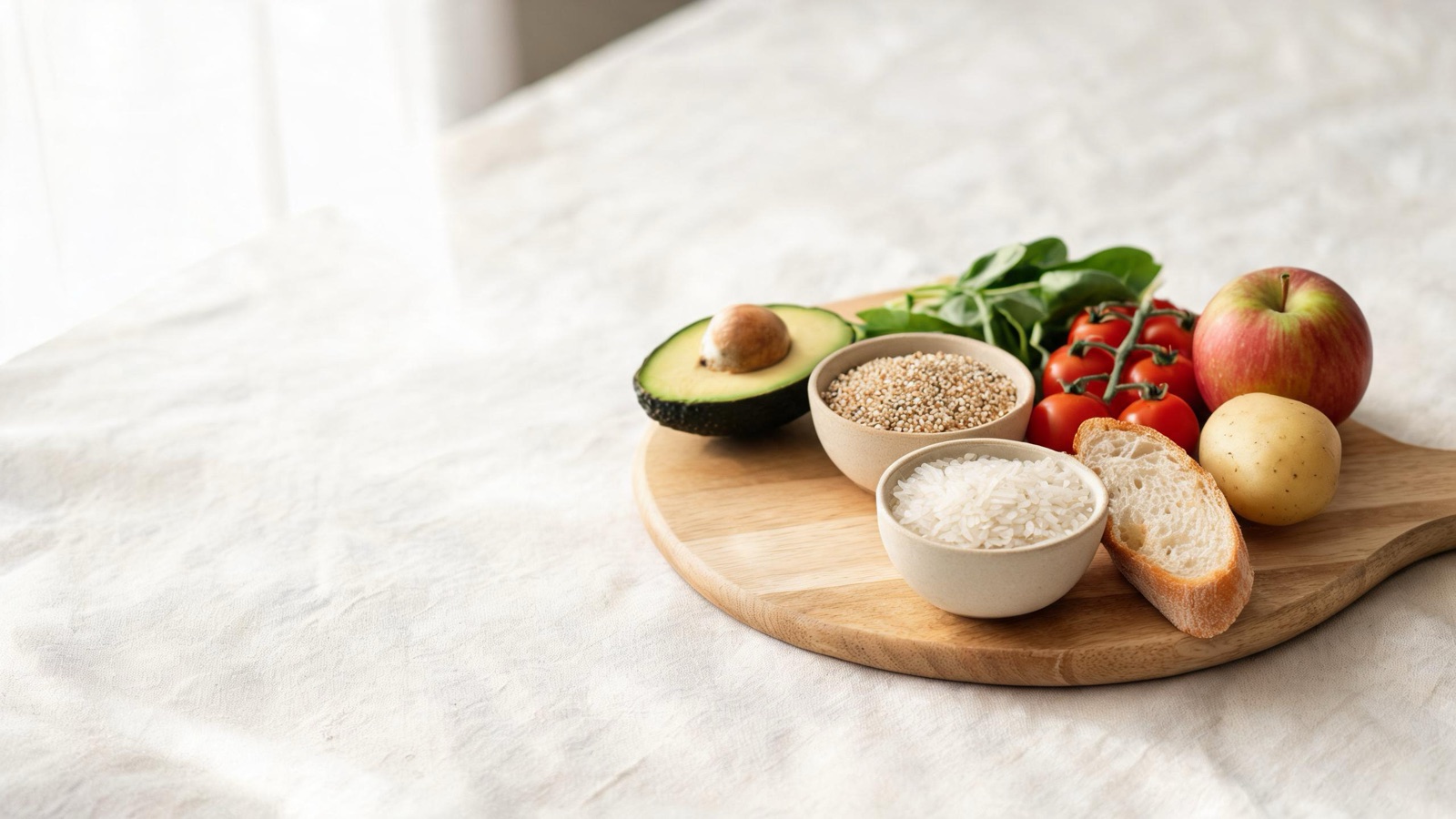 Ingredienti freschi di stagione disposti su un tagliere di legno, luce naturale da finestra