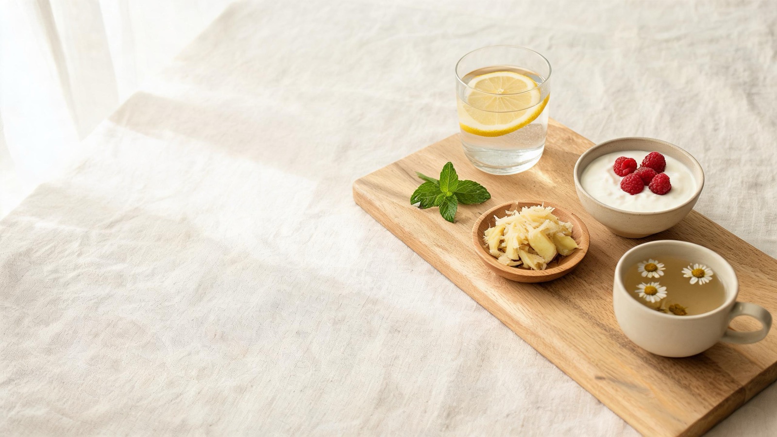 Ingredienti freschi di stagione disposti su un tagliere di legno, luce naturale da finestra