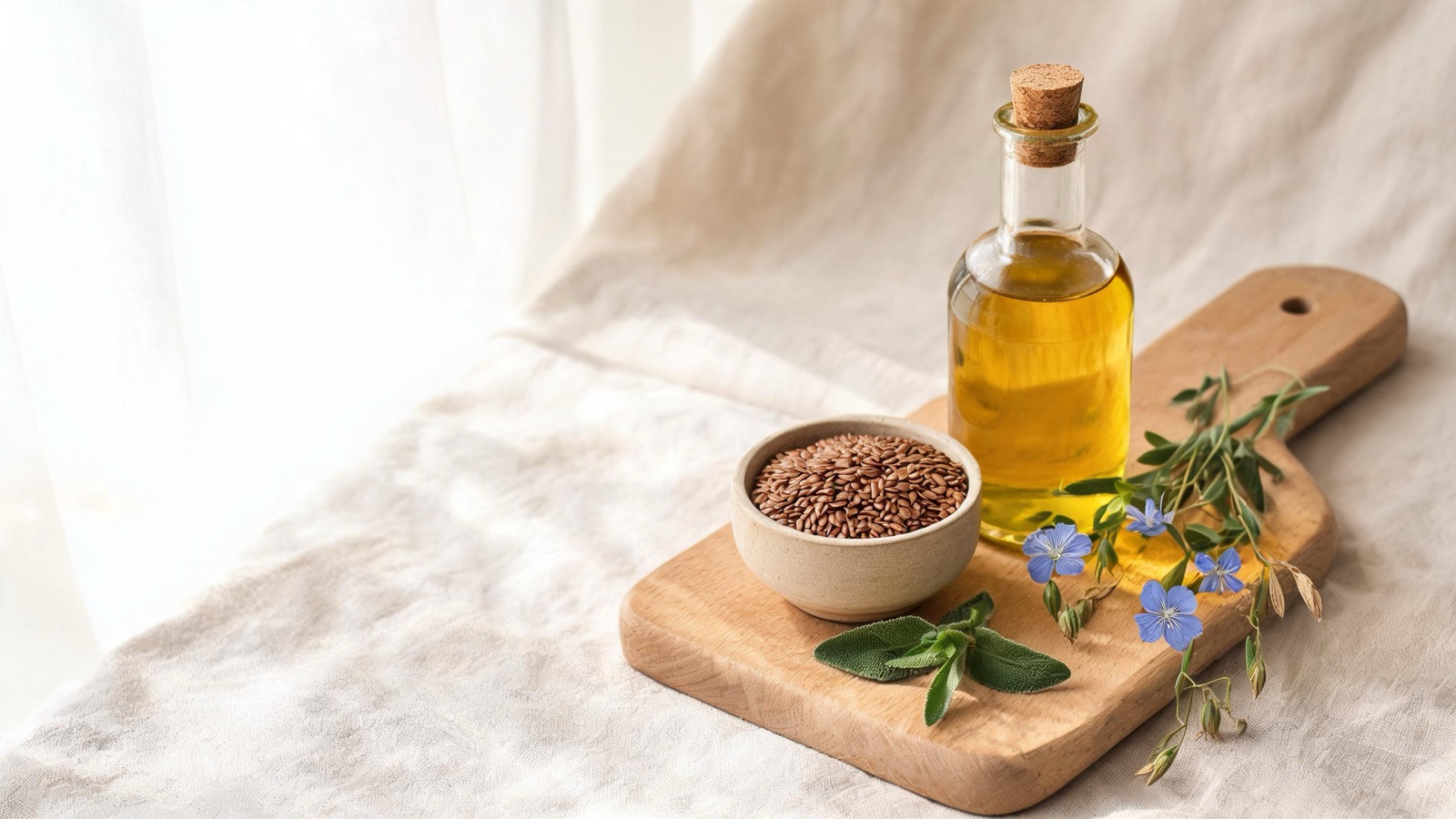 Ingredienti freschi di stagione disposti su un tagliere di legno, luce naturale da finestra