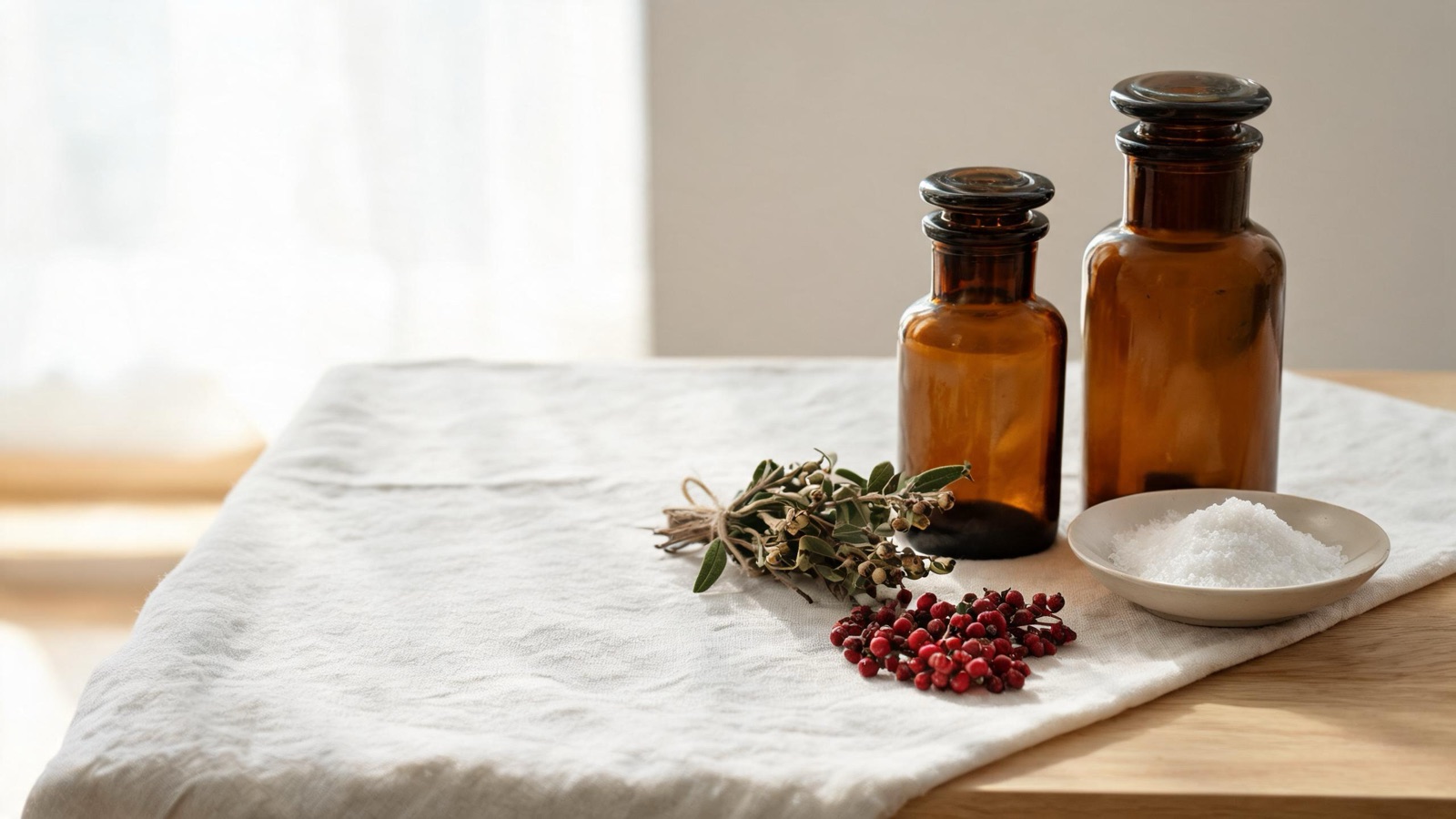 Erbe officinali, botaniche essiccate e boccette ambrate da farmacia su un piano chiaro