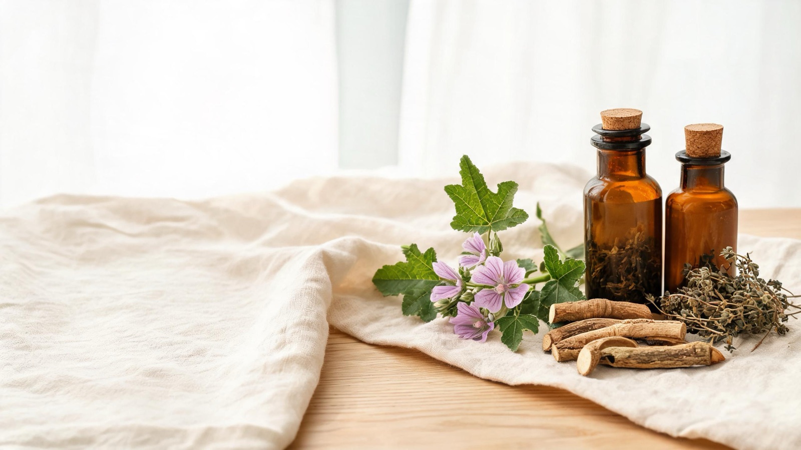 Erbe officinali, botaniche essiccate e boccette ambrate da farmacia su un piano chiaro