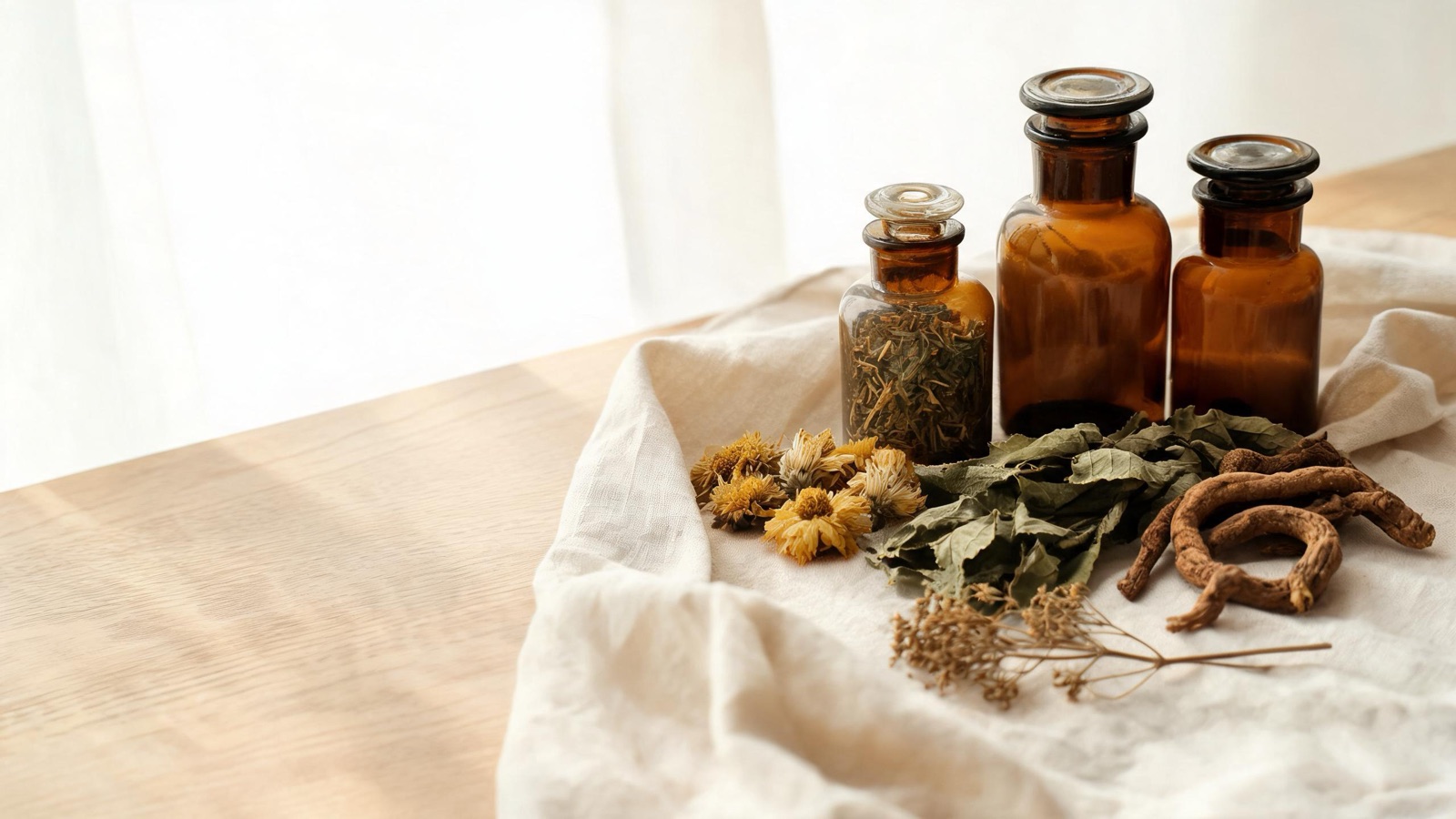 Erbe officinali, botaniche essiccate e boccette ambrate da farmacia su un piano chiaro